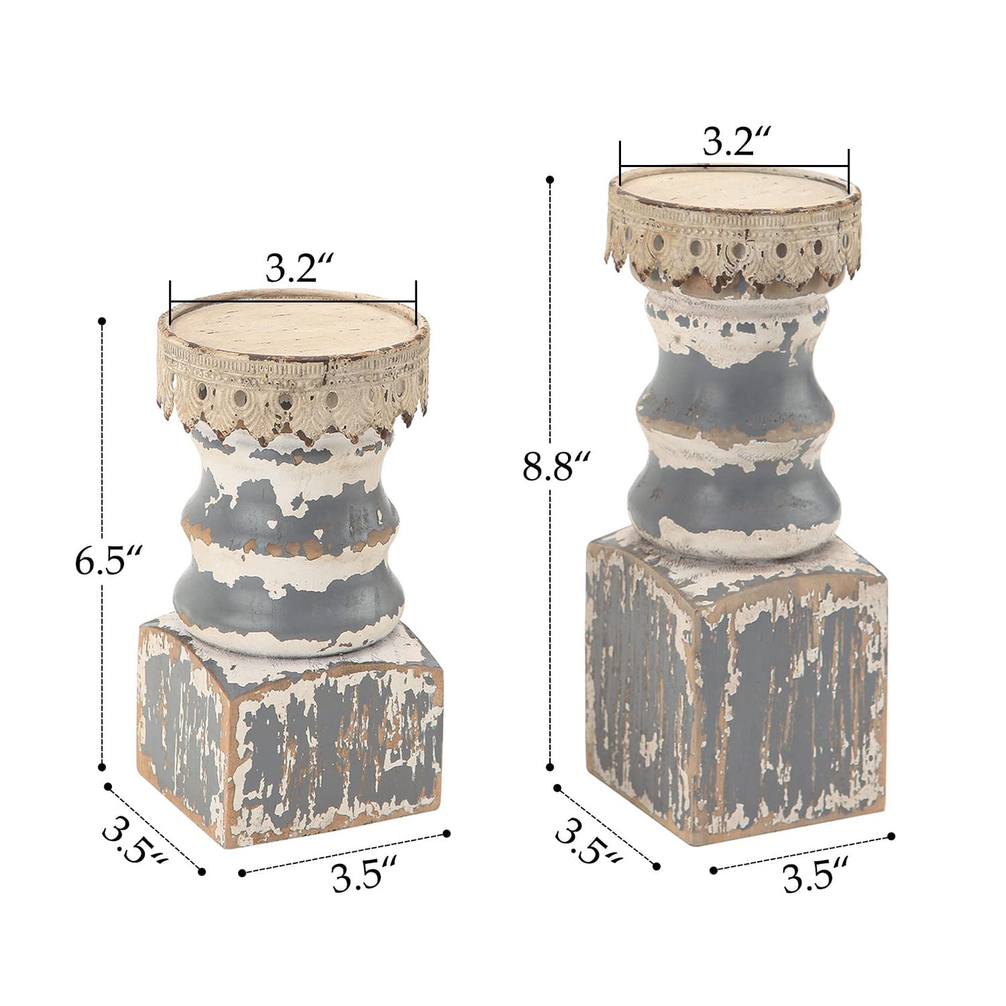 NIKKY HOME Farmhouse Pillar Candle Holder Set of 2 - Rustic Wood Decorative Candlesticks Pedestal, Centerpieces Decor for Fireplace Mantle Coffee Bar Dining Table, Distressed Grey