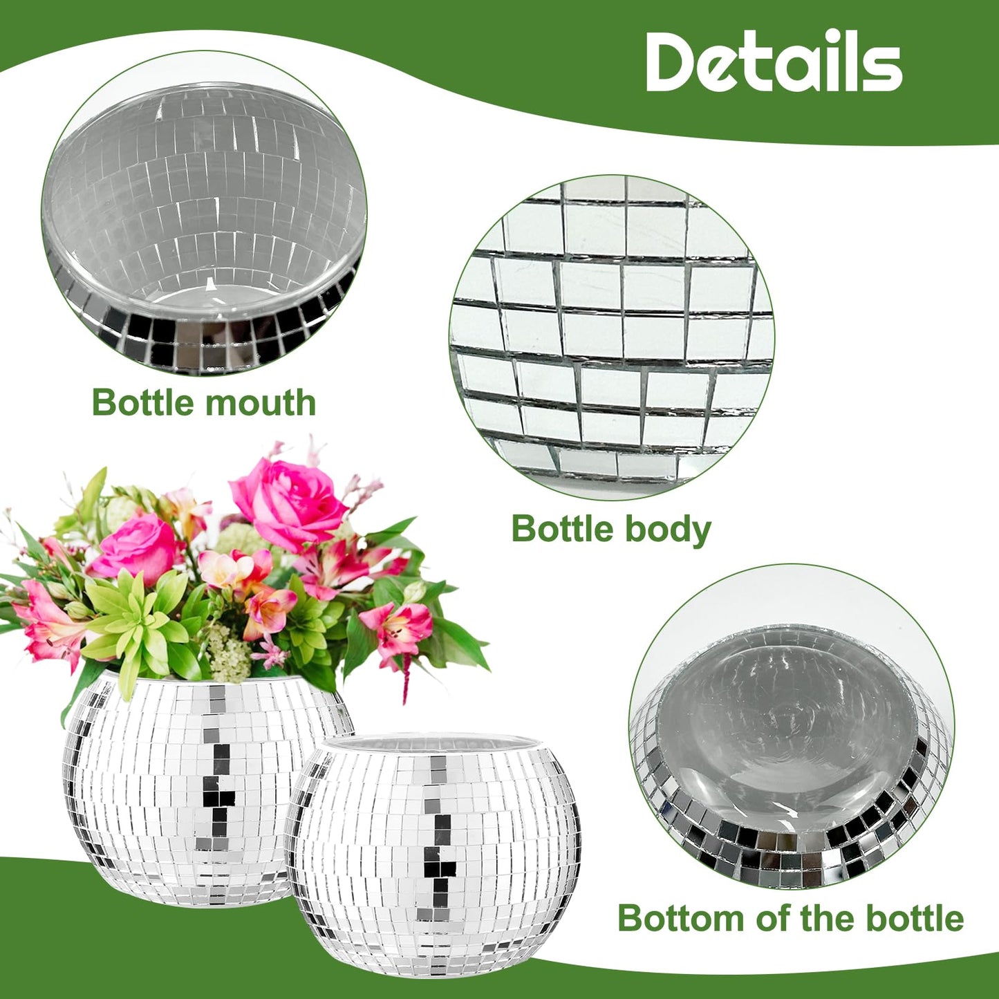 6 Pcs Silver Mirror Disco Vase - 3" X 4" Disco Ball Vase for Centerpieces, Glass Planter Candle Holder for Wedding, Birthday, Party, Office, Bedroom