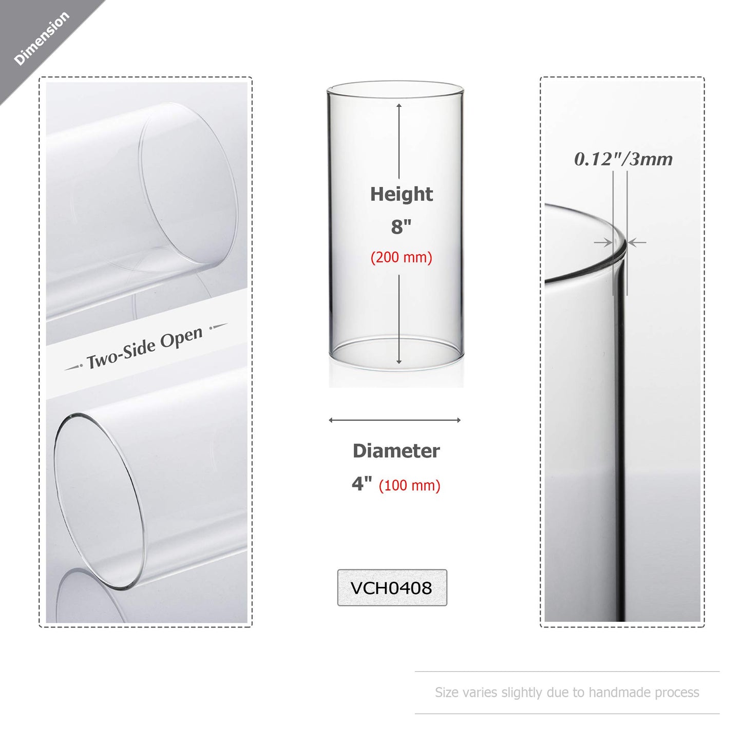 WGVI Hurricane Candle Holder Sleeve, Wide 4", Height 8", Clear Glass Cylinder Candleholder, Chimney Tube, Open Ended Candle Shade, 1 Piece
