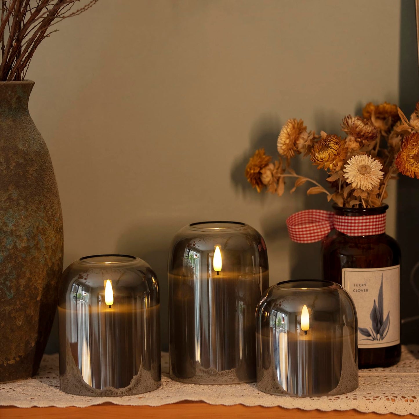 volnyus Grey Glass Flameless Candles with Remote Set of 3 Battery Operated Flickering LED Pillar Candles Real Wax Wick Φ 4"" H 4"" 5"" 6"", Gray