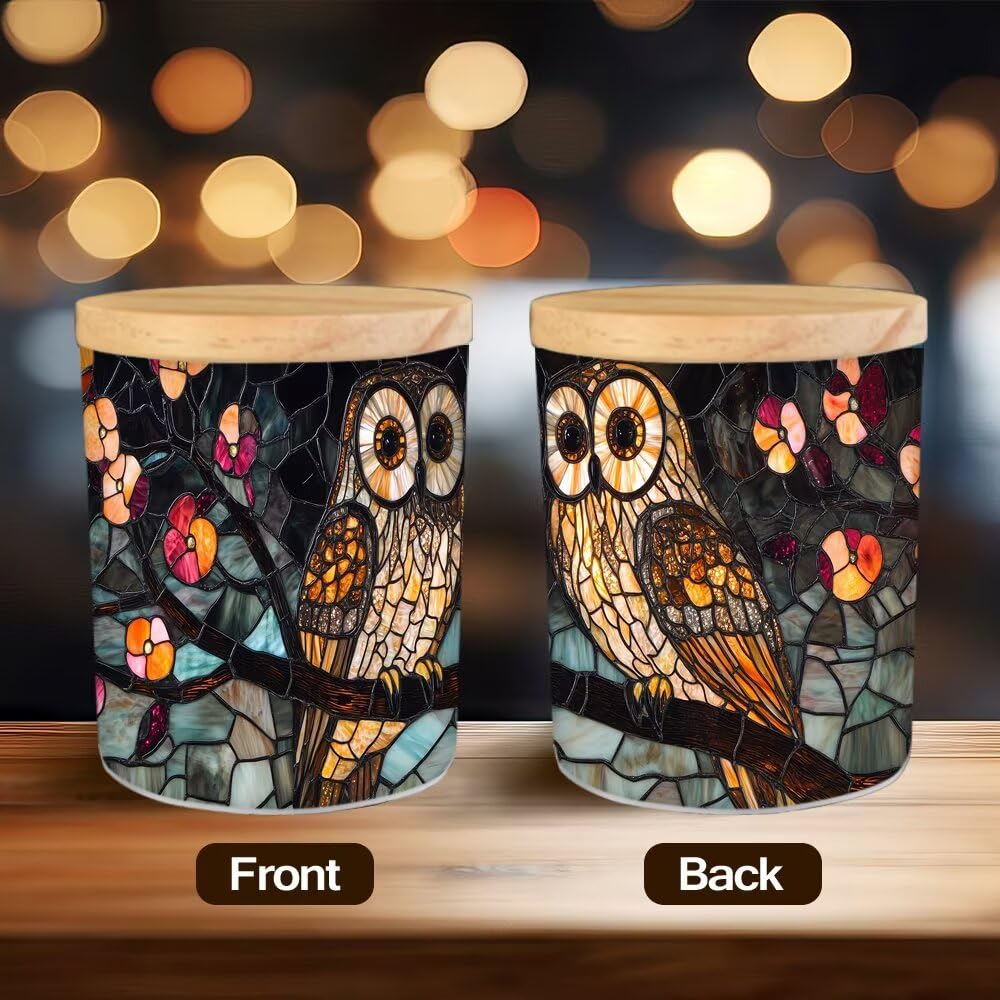 Stained Glass Owls Tea Light Candle Holders, Spring Blossoms Tealight Candle Holder Jar with Wooden Lid, Votive Candlesticks for Table Centerpieces, Christmas,Birthday Party,Home Decor