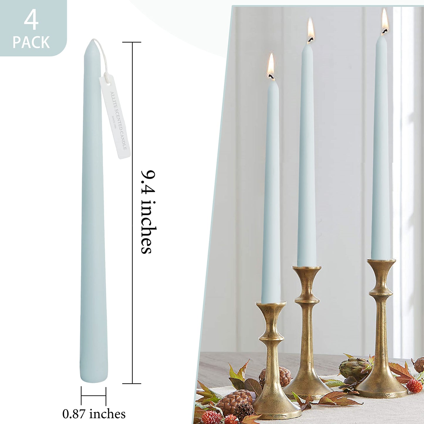 10 Inch Taper Candle Set of 4 - Sea Salt Scented Candles - Soy Wax Home Decor Candles - Gift Ideas for Wedding Party Dinner Holiday Decoration