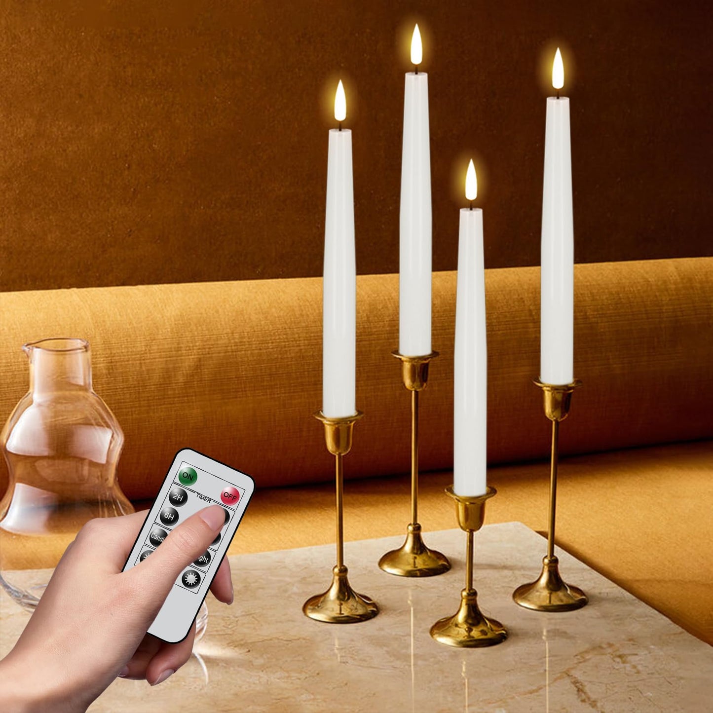 GenSwin Flameless Taper Candles with Remote, White LED Taper Candles Battery Operated, Real Wax Flameless Candlesticks with 3D Wick for Home Party Decor(Set of 3, 0.78” x 9.84”)