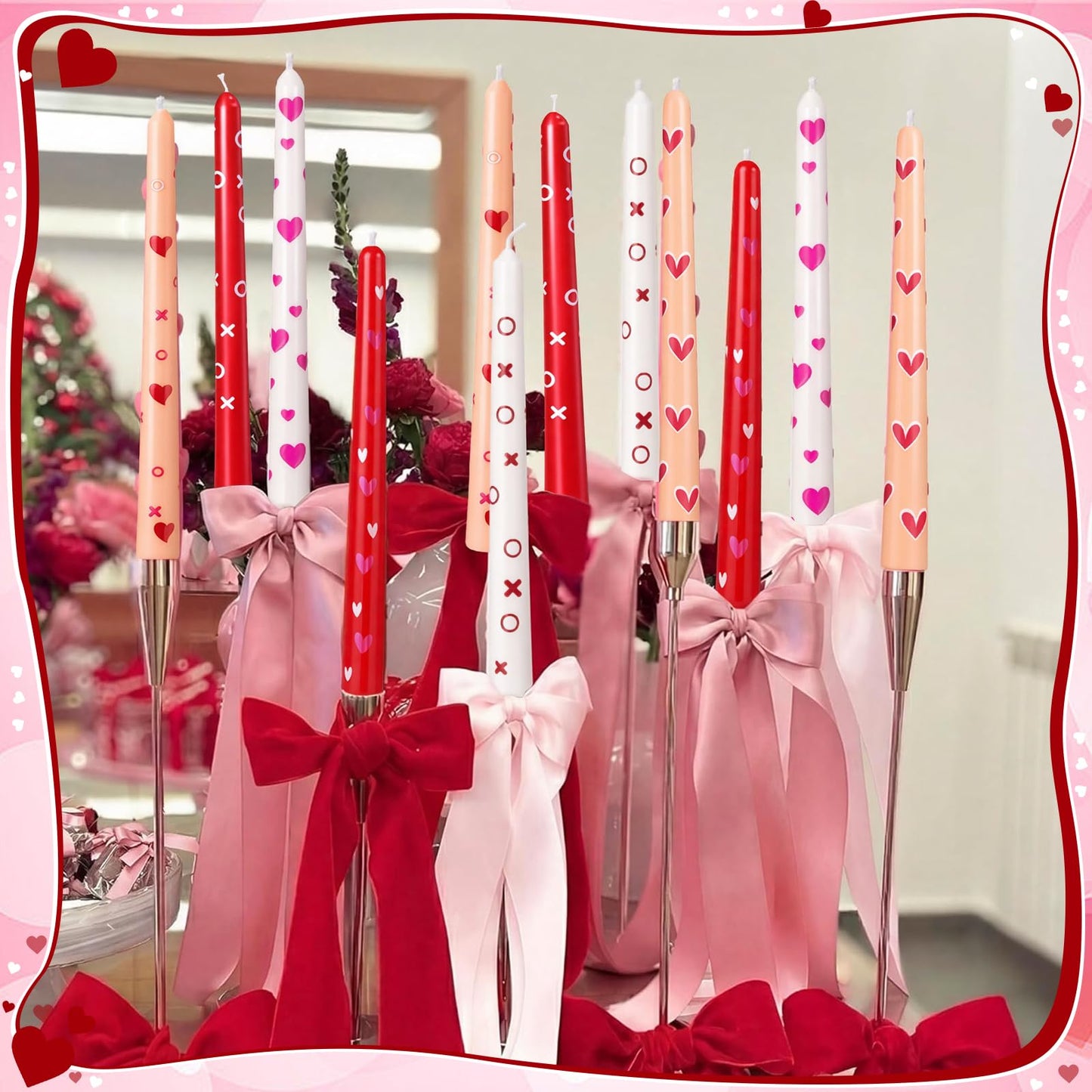 Nuanchu 12 Pcs Valentines Heart Taper Candles Valentine's Day Pink Red Heart Decorative Candles Scented Long Unscented Candlesticks for Wedding Anniversary Birthday Party Holiday Table Decor