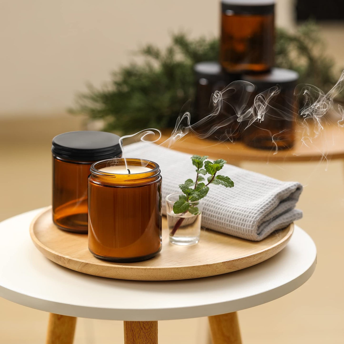 24 Pack, 8 OZ Thick Amber Candle Jars for Making Candle - Round Glass Jars with Lids - Empty Food Storage Containers, Canning/Mason Jar For Spice, Powder, Liquid, Sample - Leakproof & Food Grade