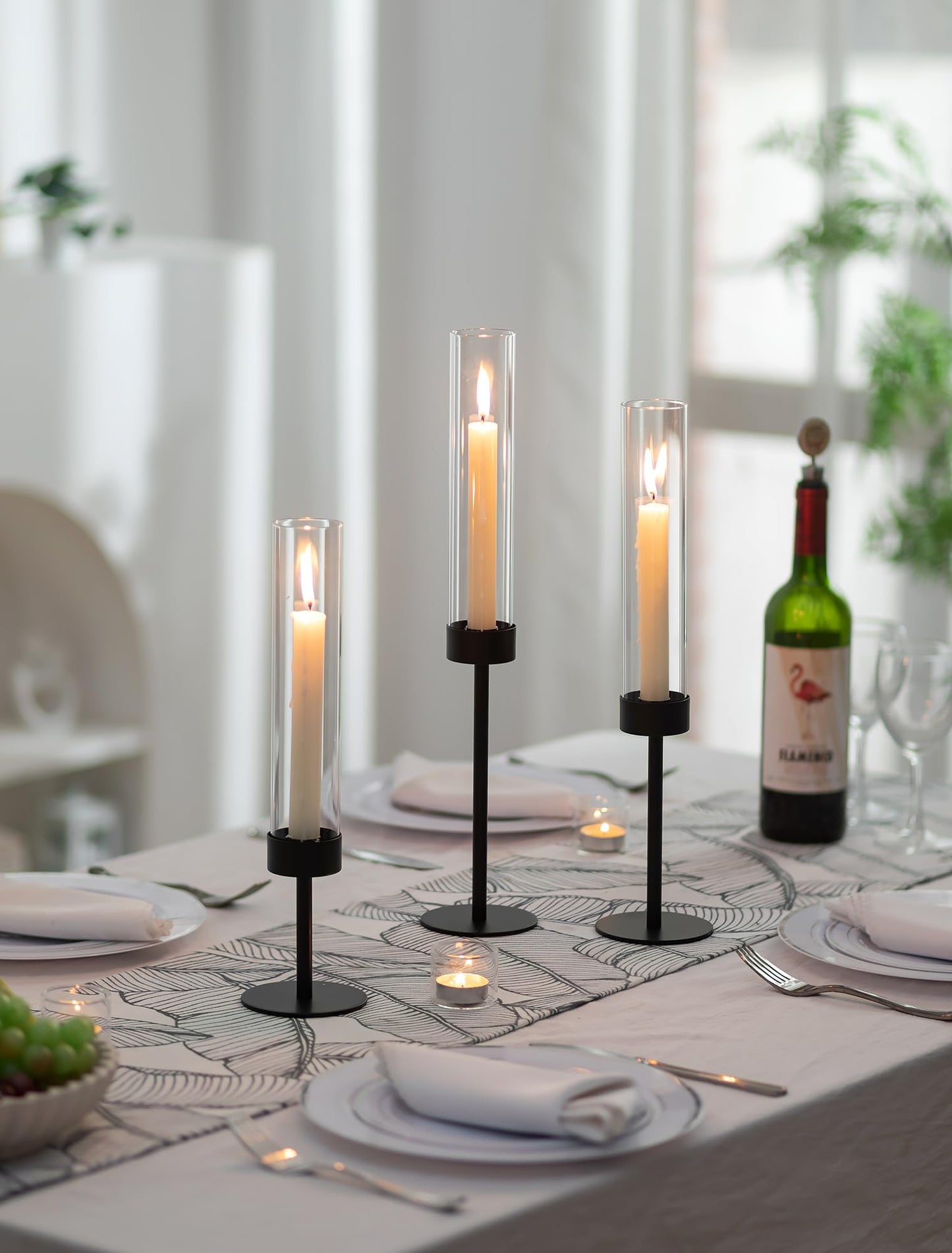 Romadedi Black Candlestick Holders Hurricane - Metal Taper Candle Holder Tall Windproof Glass Cylinder for Indoor Outdoor Table Centerpiece Christmas Halloween Modern Home Decor Set of 3