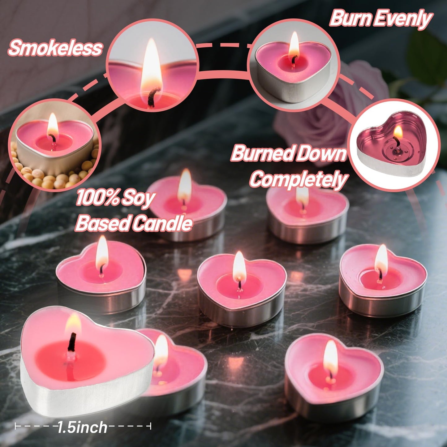 MAQIHAN Valentine Love Pink Tea Lights Candless - Pink Heart Shaped Tealight Candles - Soy Candle for Valentine, Dating, Weddings, Anniversaries, Candle Gift