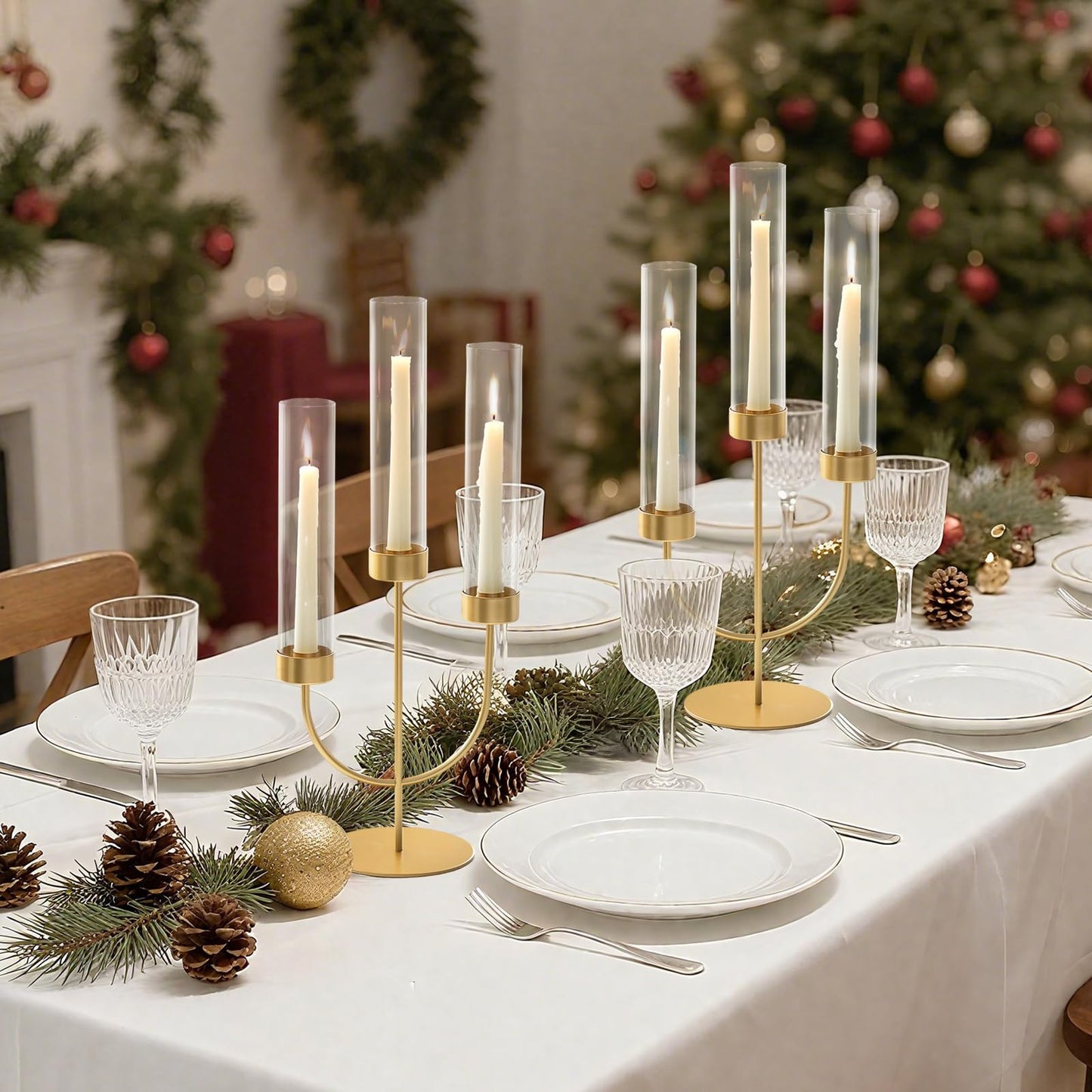Sziqiqi Gold Candelabra for Wedding Centerpiece: 3 Arm Candle Holders with Cylinder for Taper Candle Stick - Metal Candlestick Holders Set of 2 for Christmas Engagement Table Decor