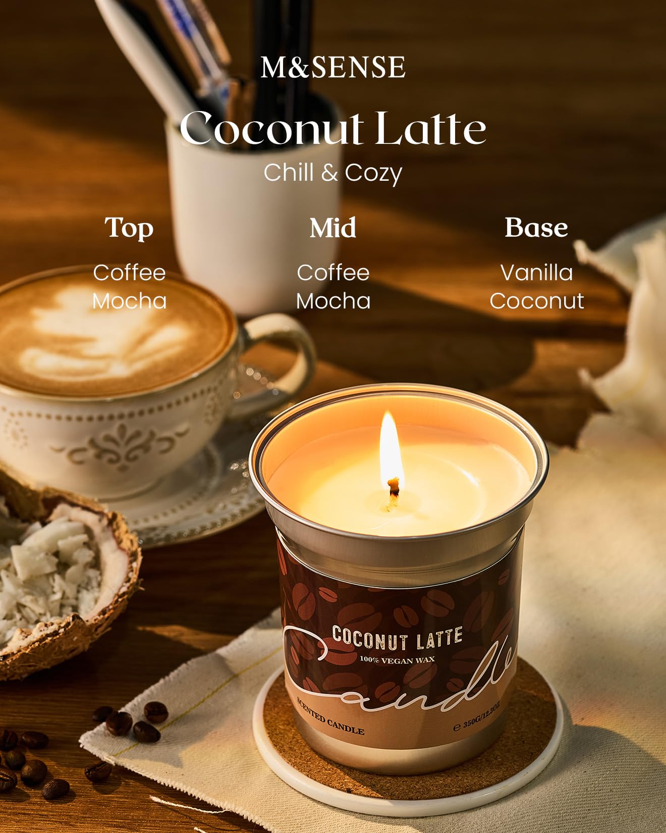 M&SENSE Coconut Latte Scented Candle, Soy Wax, 16.2oz