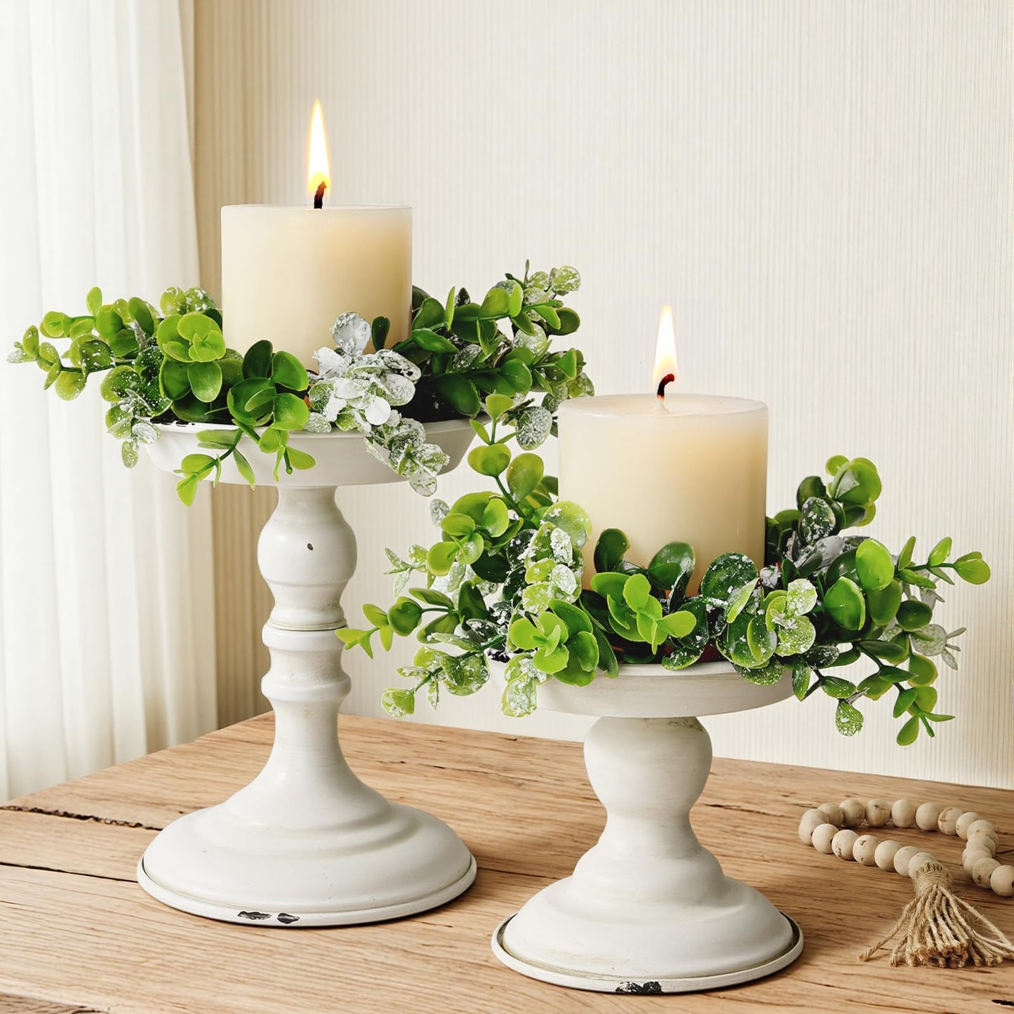 Rustic Iron Pillar Candle Holder: White Farmhouse Candle Holder with Greenery Wreaths Set of 2, Elegant Large Candle sticksholder Decor for Wedding, Coffee Table Centerpieces, Living Room, Home Decor