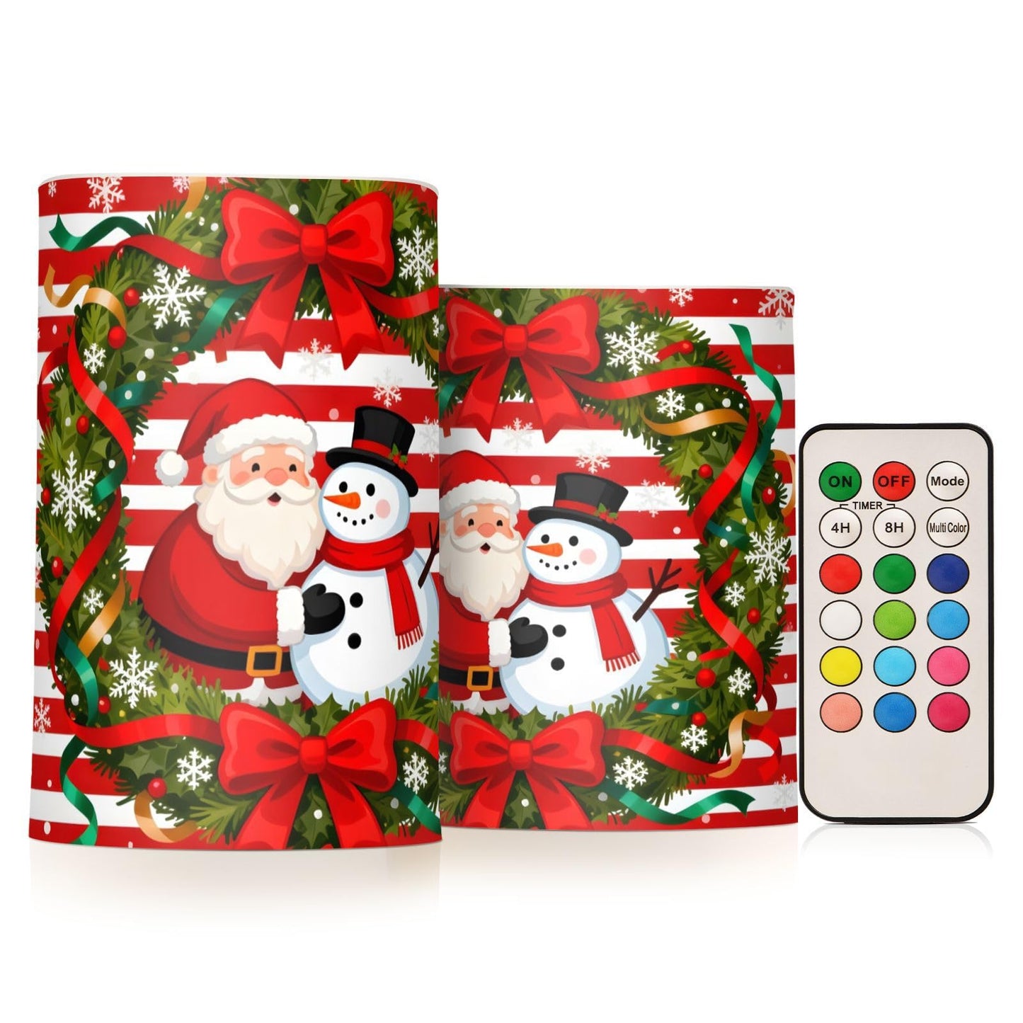 Flickering Flameless Candles, Christmas Santa Snowman Bow Wreath LED Candles with Remote Timer, Set of 2 Battery Operated Candle for Valentine Wedding Birthday