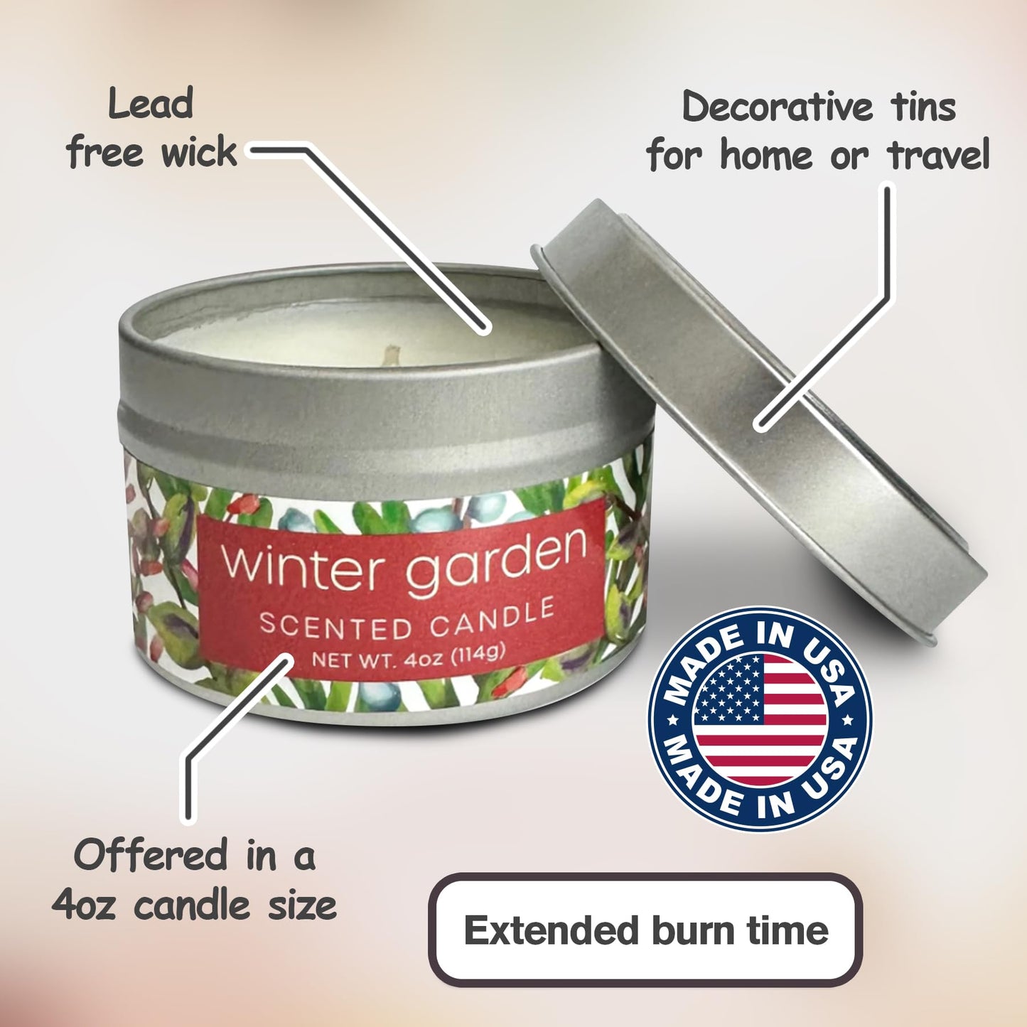 Greenwich Bay Hand-Poured Scented Candle in Decorative Tin – 4 oz/114 g Travel Candle with Lead-Free Wick, Vegetable Wax, Long-Burning Aromatherapy Gift, Single Wick – Made in USA (Winter Garden)