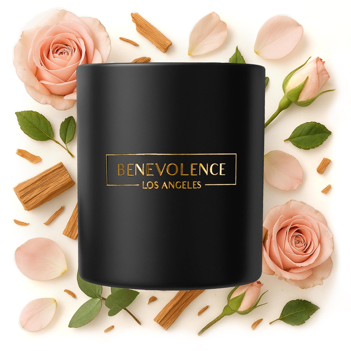 Benevolence LA Rose & Sandalwood Scented Candle | Soy Christmas Candles, Black Candle for Home | Holiday Candles Gifts for Women and Men | Home Fragrance | Aromatherapy | 8oz, 45 Hour Burn
