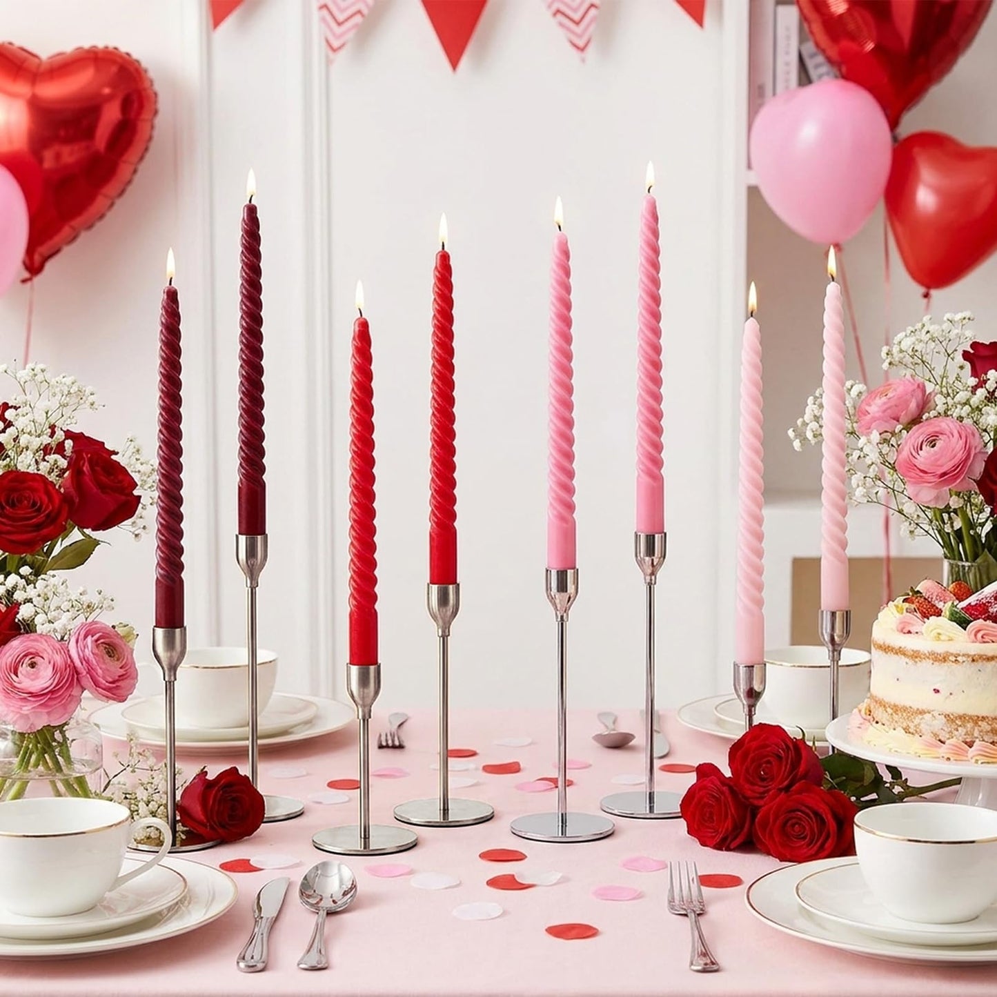 Whaline 12Pcs Gradient Red Pink Spiral Taper Candles Dripless Twisted Wax Candles 10 Inch Long Unscented Candle Sticks for Wedding Valentine's Day Holiday Party Home Dinner Table Decor