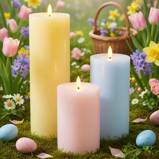 Retisee 3 Pcs Easter Large Flameless LED Battery Operated Candles with Remote and Timer Real Wax Candles for Indoor Outdoor Party Wedding Lights Decorations, Yellow, Pink, Blue