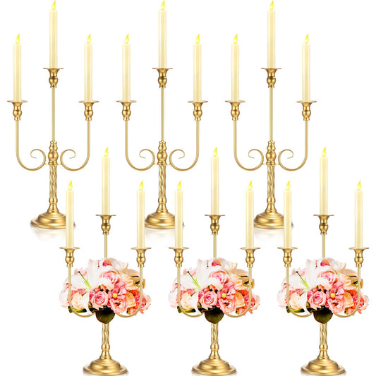 Rtteri 6 Pcs Gold Candelabra Candlestick Holder Metal Candle Stand Candelabra for Taper Candles Table Centerpieces Wedding Christmas Holiday Birthday Party (9.5 x 9.5 x 19.7 Inch,3 Arm)