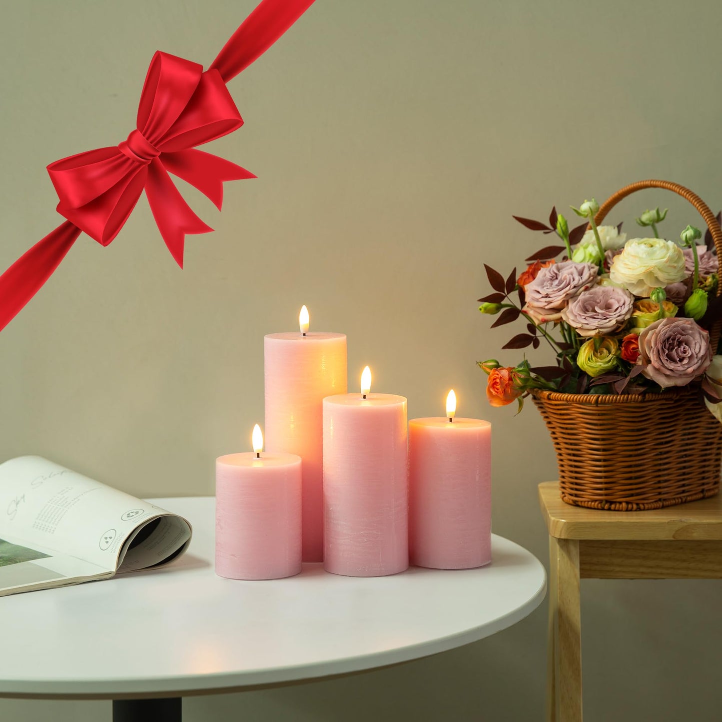 LUSHARBOR Flameless Candles, 4 Pack Battery Operated Candles with Remote, Real Wax LED Fake Candles with Timer Flickering for Christmas Wedding Home Party D3 H 5" 6" 7" 9" Pink