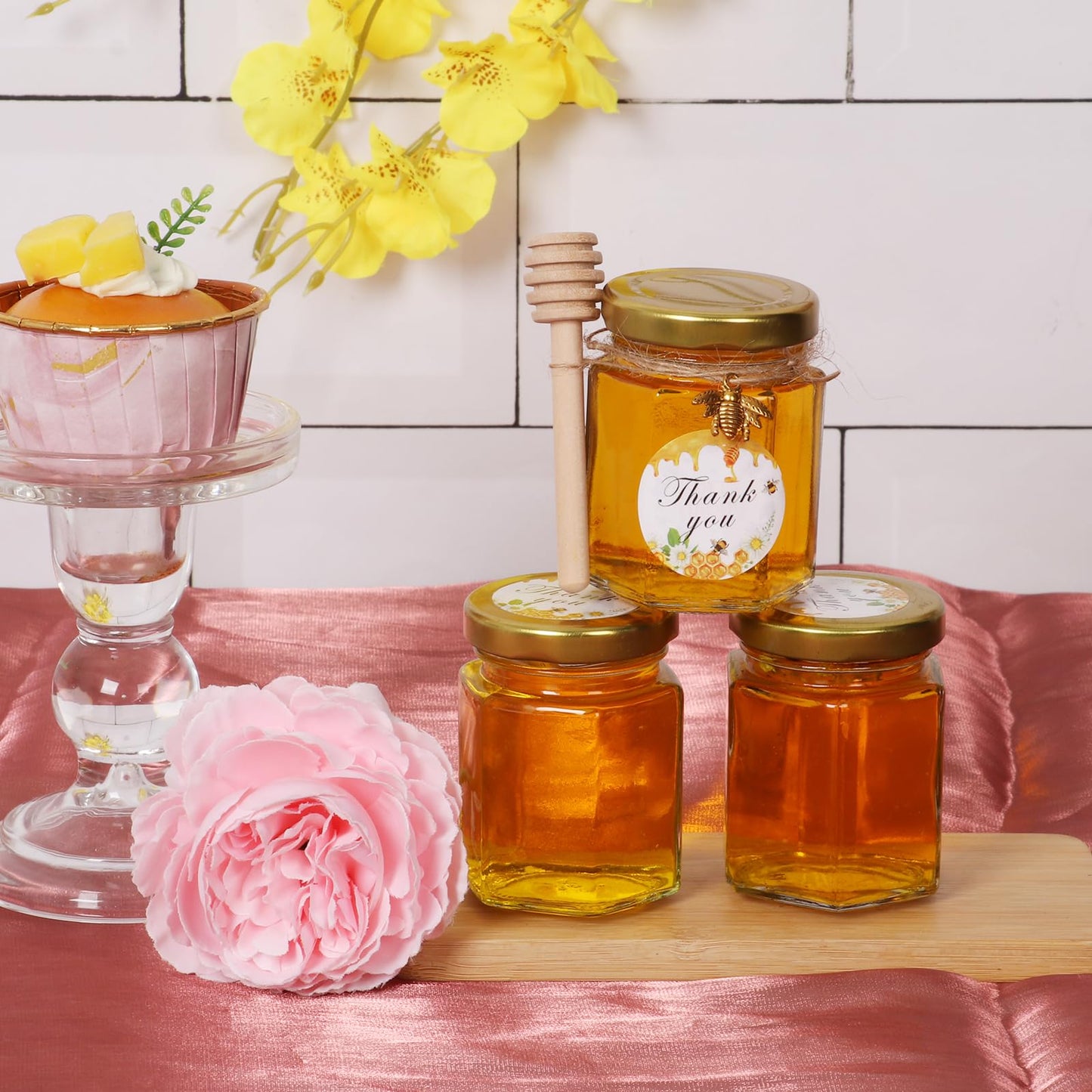 BIGIVACA 3 oz Mini Honey Jars - 20 Pack Hexagon Glass Jars with Wood Dippers, Gold Lids, Bee Pendants, Jutes, Stickers for Wedding Favors, Party Favors, Candle Making