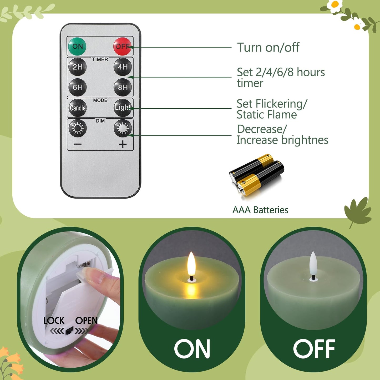 Retisee 3 Pcs Large Flameless LED Battery Operated Candles with Remote and Timer Spring Real Wax Flickering Candles for Indoor Outdoor Party Wedding Lights Decorations, Sage Green
