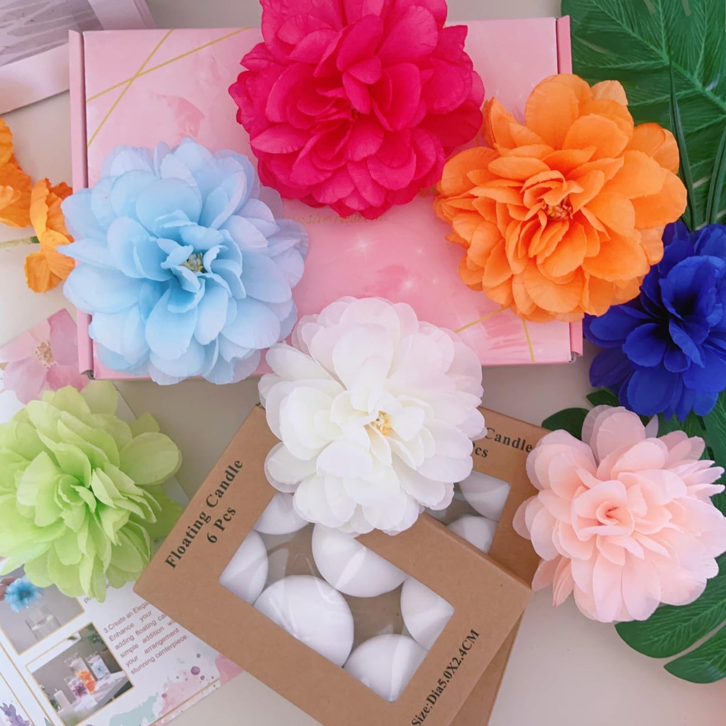 ZJGXH 24 Pcs Floating Candles for Centerpieces and Floating Flowers Vase Fillers for Centerpieces White Artificial Flowers for Wedding Table Party Home Decoration