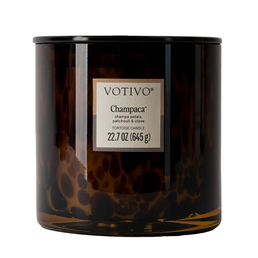 Votivo Champaca Tortoise Scented Candle | 22.7 oz Soy Wax Blend | Patchouli Scent | Decorative Home Decor Tortoiseshell Pattern | 100 Hour Burn Time