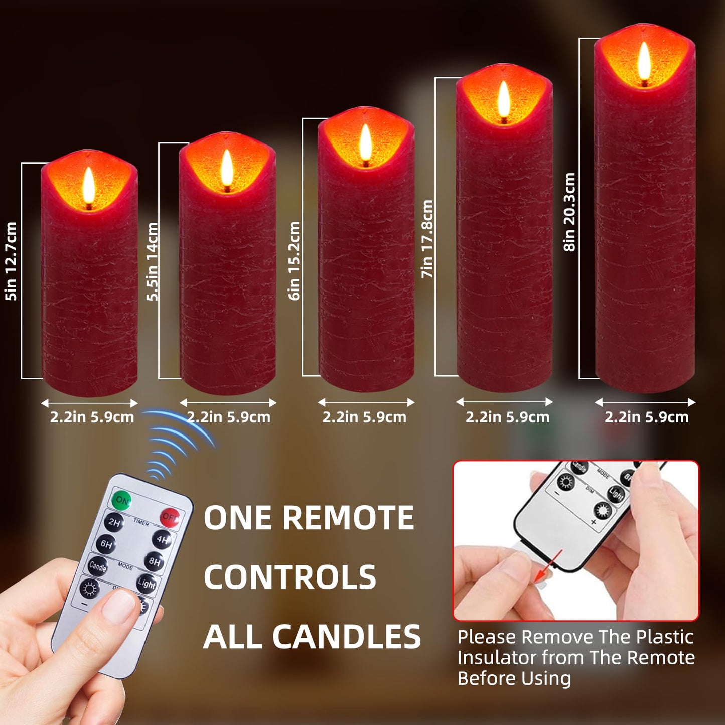 MiKoyi Flameless Pillar Candles with Remote, Battery Operated Candles Real Wax, [5-Pack] Fake LED Flickering flameless Candle with Timer Function for Room Home Decor (2.2" * 5/5.5/6/7/8") - Red