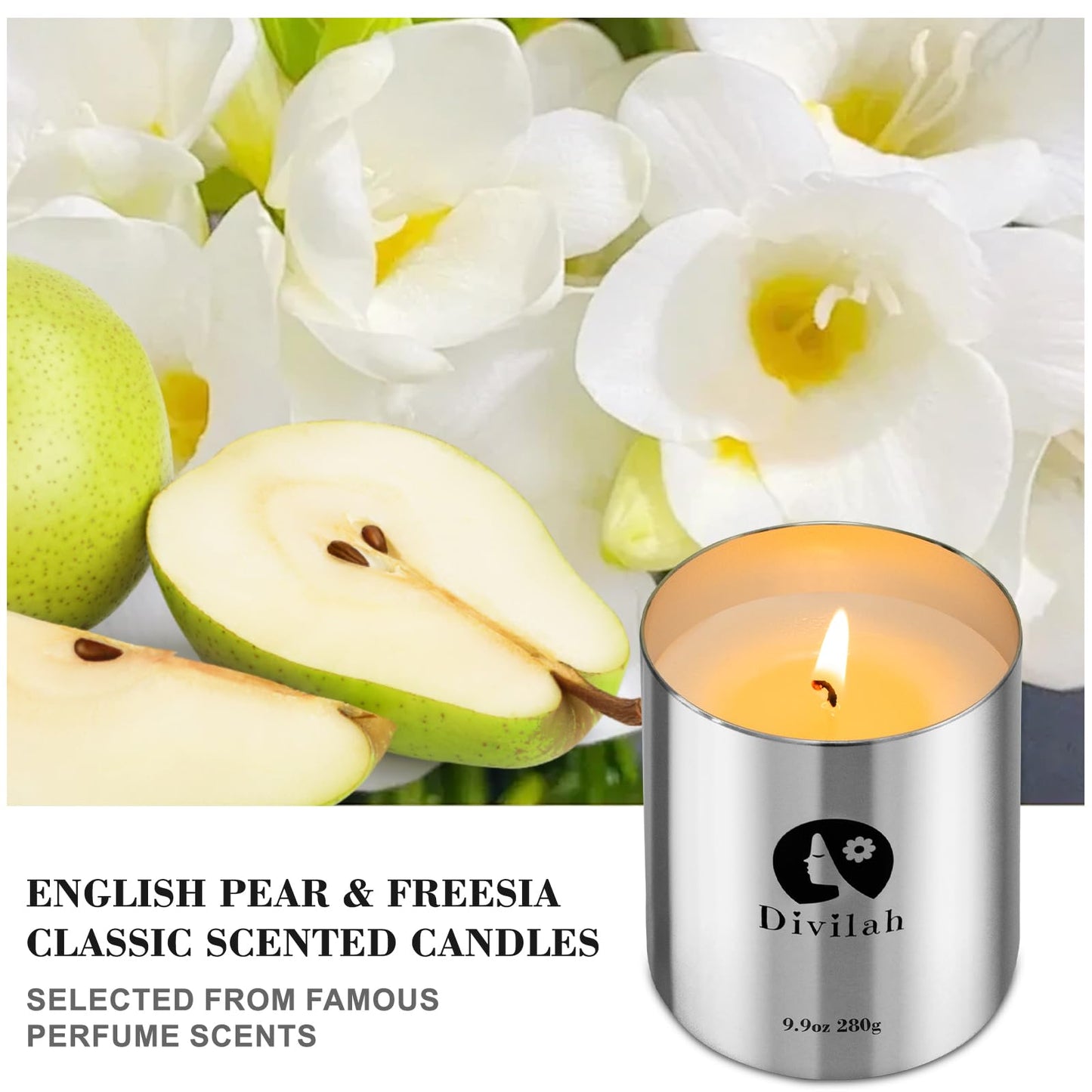 Divilah English Pear&Freesia Scented Candles, 65 Hour Long Lasting Non Toxic Natural Soy Wax in Silver Aluminum Jar, Luxury Large Home Decorative Scented Candle, Aromatherapy Gift for Women, Men,9.9oz