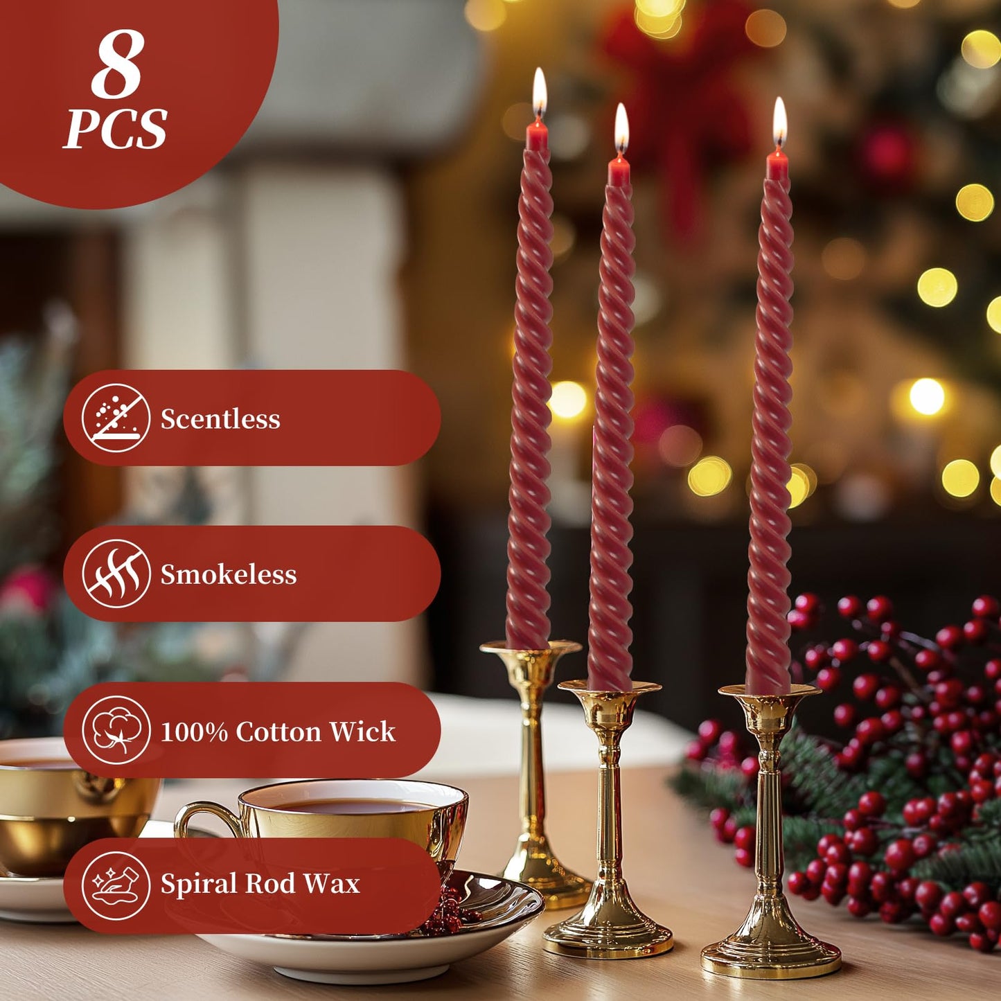 KONNI 0.87×10 Inch Dark Red Spiral Taper Candle, Unscented and Smokeless Tall Candlesticks, 8 Pack Twisted Candles with Cotton Wicks, Long Burning, Ideal for Weddings, Dinner Parties, and Home Décor