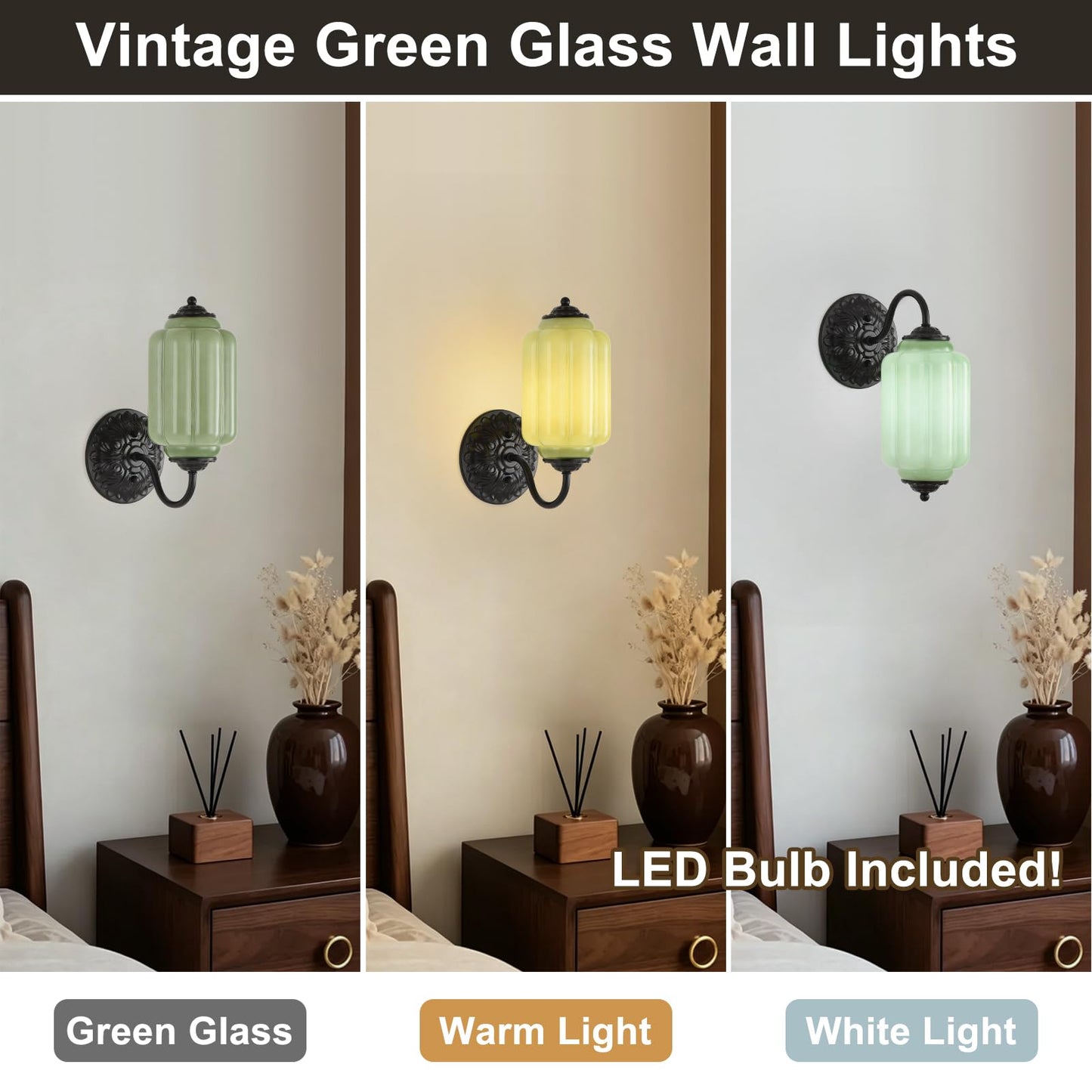 Pandaluna Vintage Wall Sconce, Green Milk Glass Light Fixture, 5.5In Art Deco Antique Wall Sconce for Bedroom Bathroom Living Room Hallway Entryway, E12 LED Bulb Included, Black & Green 2 Pack
