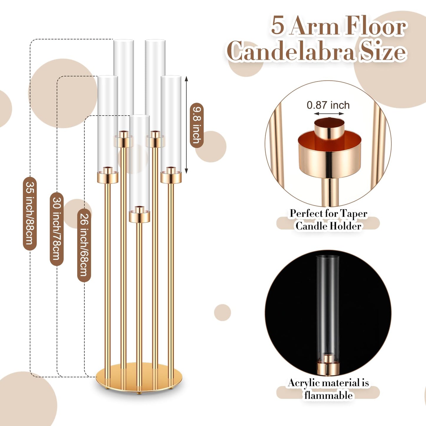 Tandefio 4 Pcs Acrylic Candelabra Centerpieces 35" Tall Clear Candle Holders Pillar Taper Candlestick with Lampshades 5 Arm Floor Candelabra Stand for Wedding Christmas Ceremony Dinner Party
