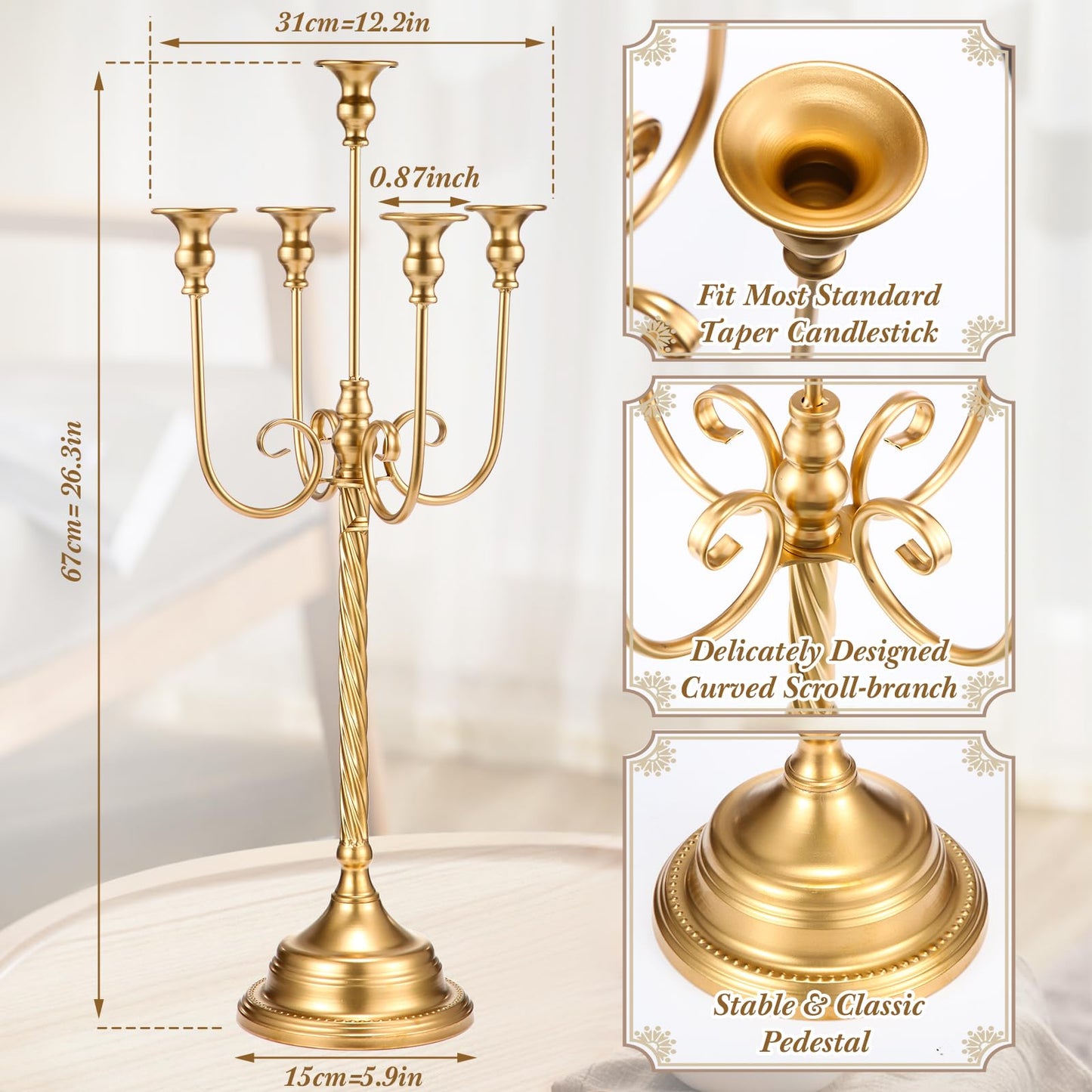 Rtteri 6 Pcs Gold Candelabra Candlestick Holder Metal Candle Stand Candelabra for Taper Candles Table Centerpieces Wedding Christmas Holiday Birthday Party (12.2 x 12.2 x 26.4 Inch,5 Arm)