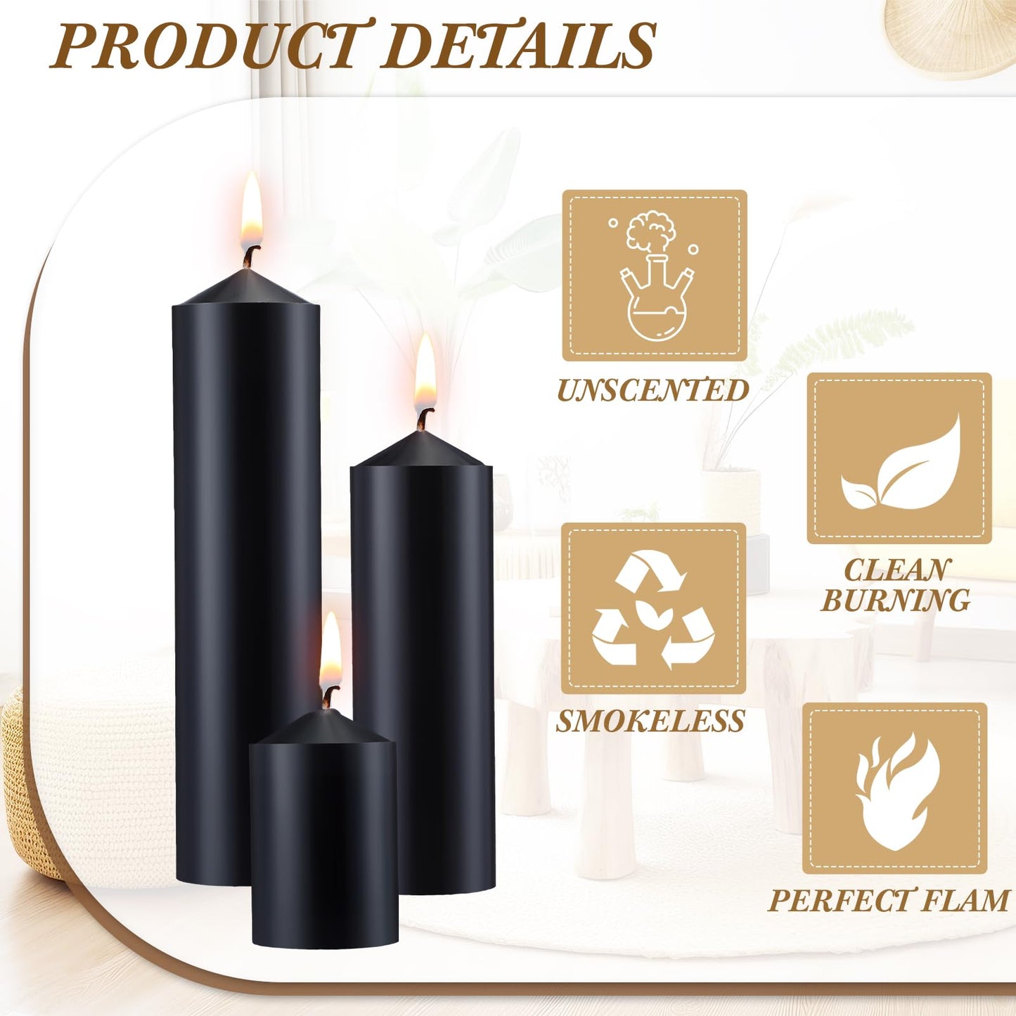 MTLEE 18 Pcs Set of 3 Pillar Candles Bulk 2 in x 3, 6, 8 Long Burning Clean Unscented Smokeless Pillar Candles for Wedding Emergency Lanterns Ceremony Party(Black)