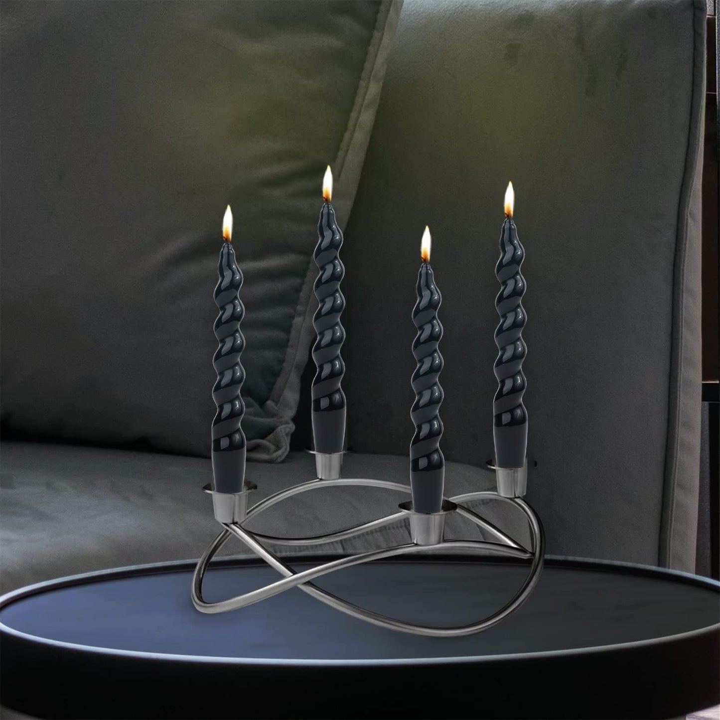 MAITREYA Black Spiral Taper Candles - Conical Stick Candles, Handmade Twisted - Set of 4 for Decoration, Weddings, Party, Church - Unscented, Dripless, 7.5inch