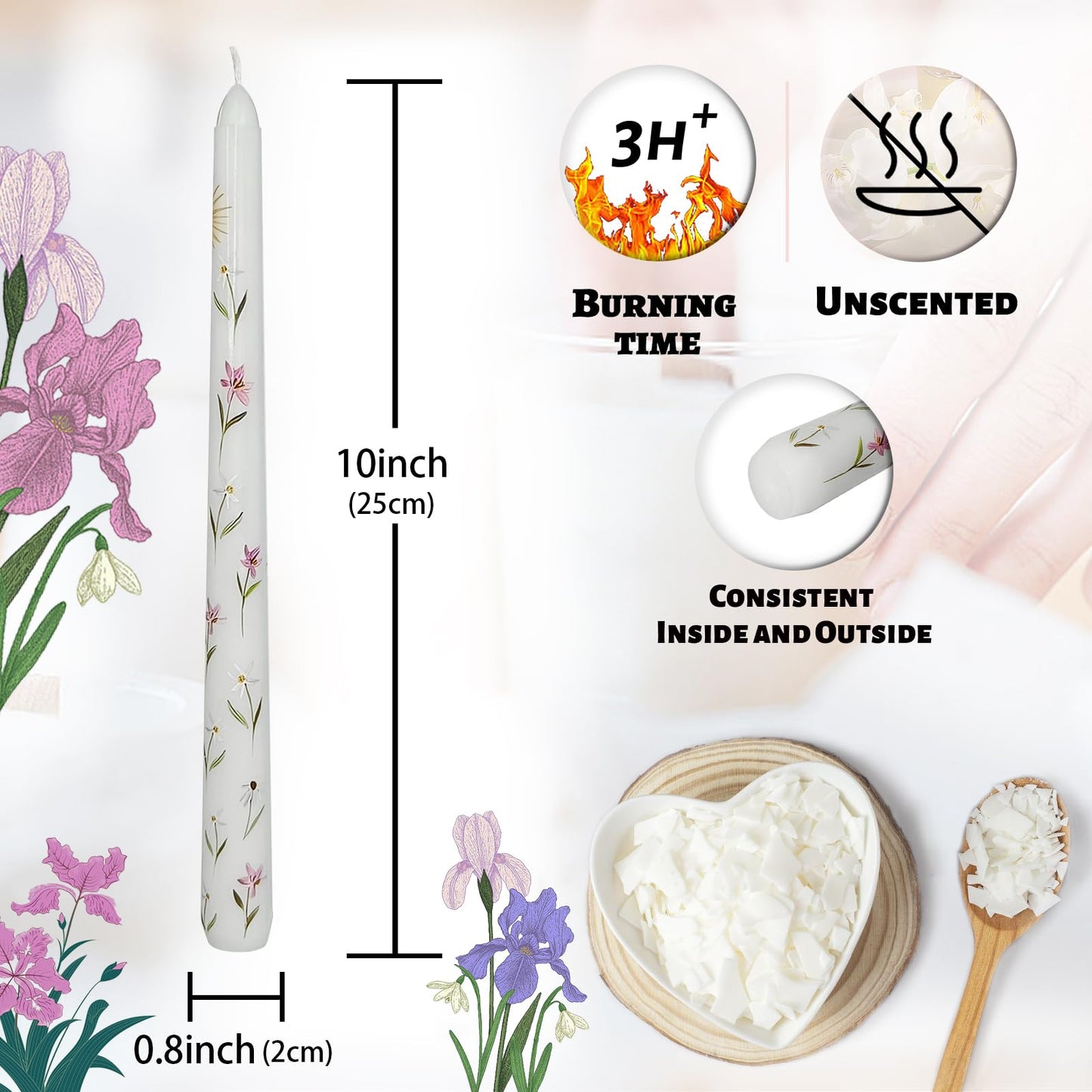 Floral Taper Candles 10 Inch Tall Unscented Handmade White Iris Print Long Burning Elegant Candlesticks for Wedding Dinner Home Decor