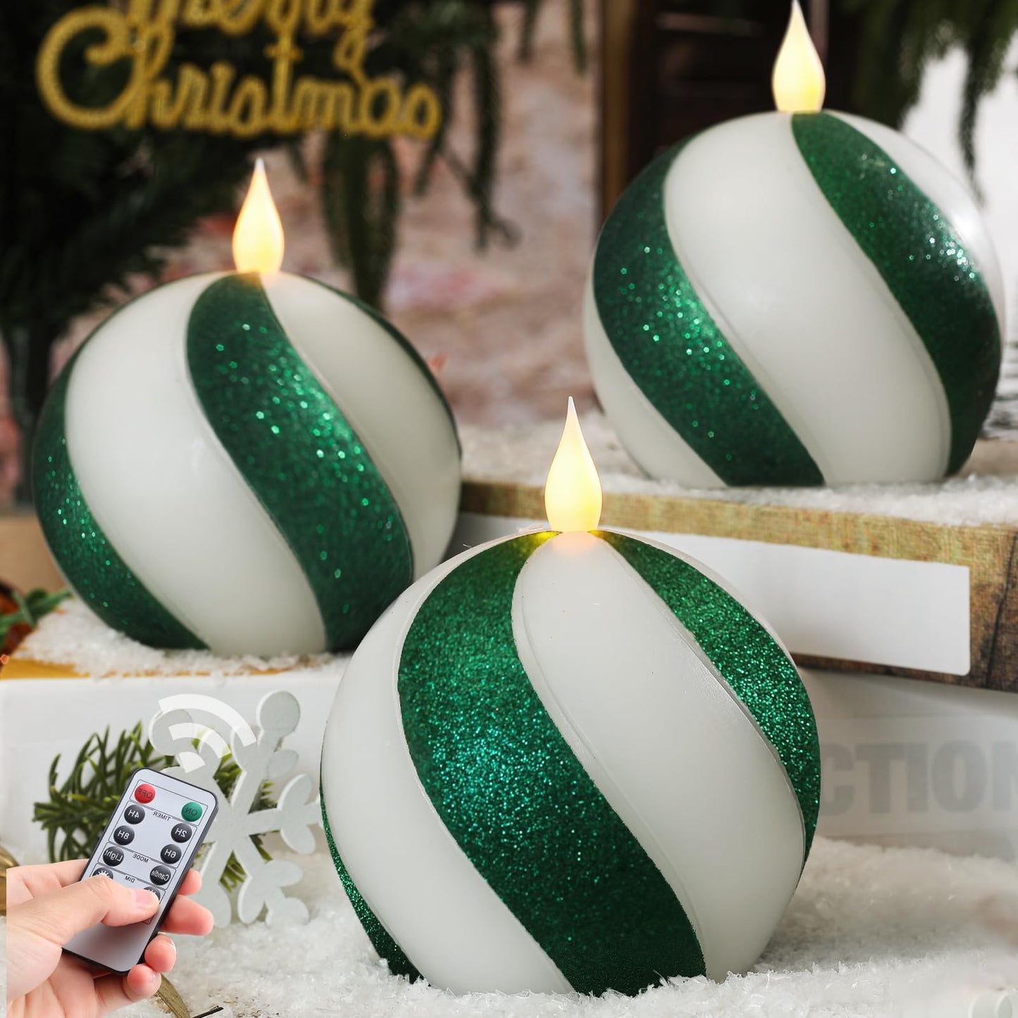 Set of 3 Christmas Sphere Candy-Cane Flameless Candles, Green&White Real Wax Flickering Ball Candles Battery Operated with Remote, Candy Cane Christmas Decorations,Xmas Party Tables Centerpieces Decor