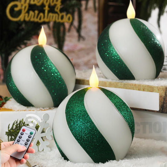 Set of 3 Christmas Sphere Candy-Cane Flameless Candles, Green&White Real Wax Flickering Ball Candles Battery Operated with Remote, Candy Cane Christmas Decorations,Xmas Party Tables Centerpieces Decor