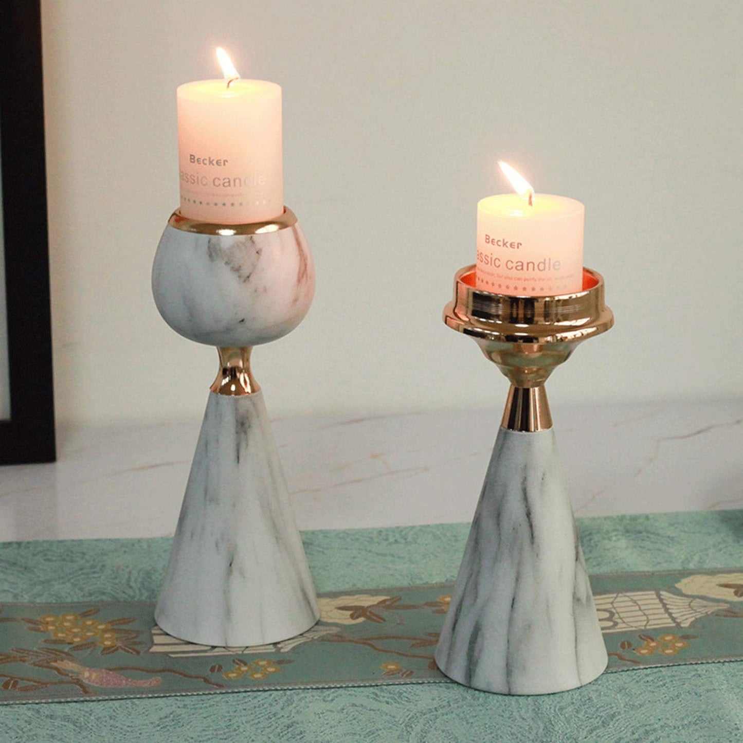 XILIN-1987 Candle Holderss Modern Wrought Iron Candle Holder Imitation Marble Metal Candlestick， Decorative Candlestick Holder for Wedding, Dinning, Party (Pack of 2) Decorative Candlestick