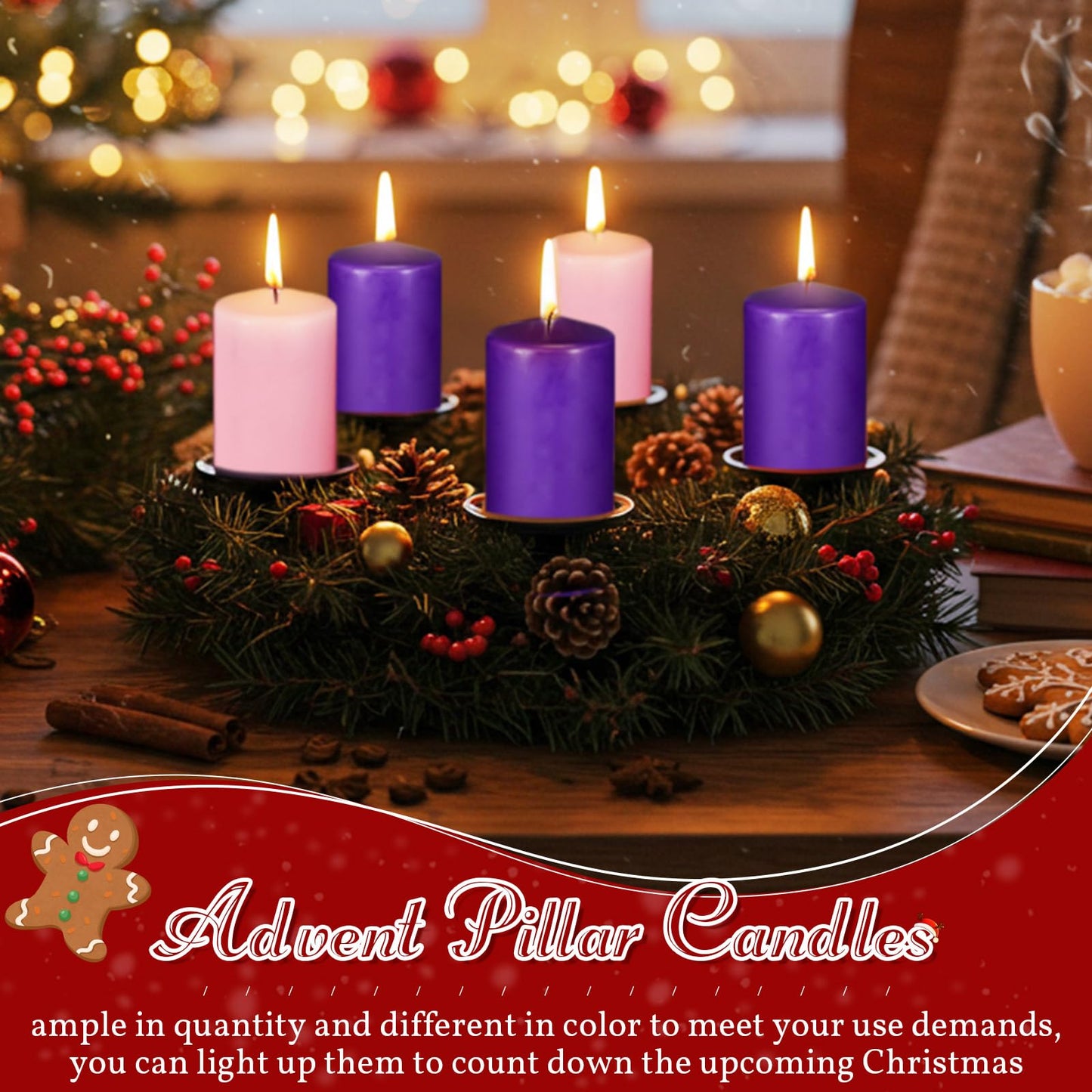 Amylove 8 Pcs 3 x 4 Inch Advent Pillar Candles Set Pink Purple Christmas Unscented Lasting Burning Church Candles for Advent Wreath Holiday Gifting