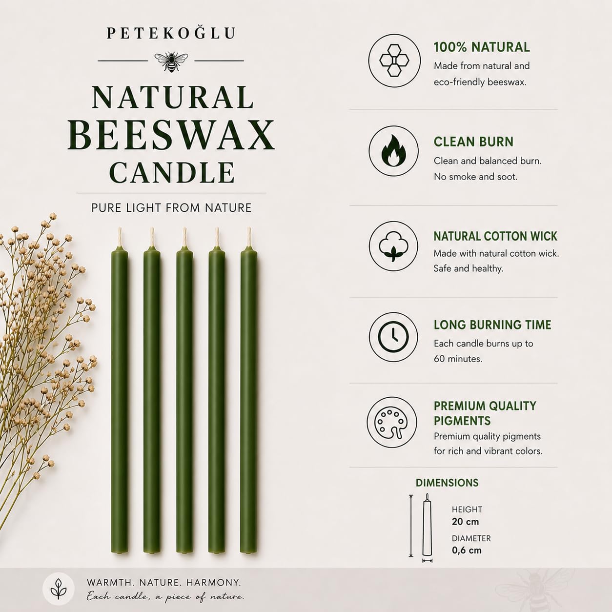 Petekoğlu 15-Pack Beeswax Wish Candles – Handcrafted, Drip-Free, Smoke-Free Slim Taper Candles for Rituals, Meditation, Birthday & Home Décor – Natural Honey Scent 7.87” x 0.24” (Green)