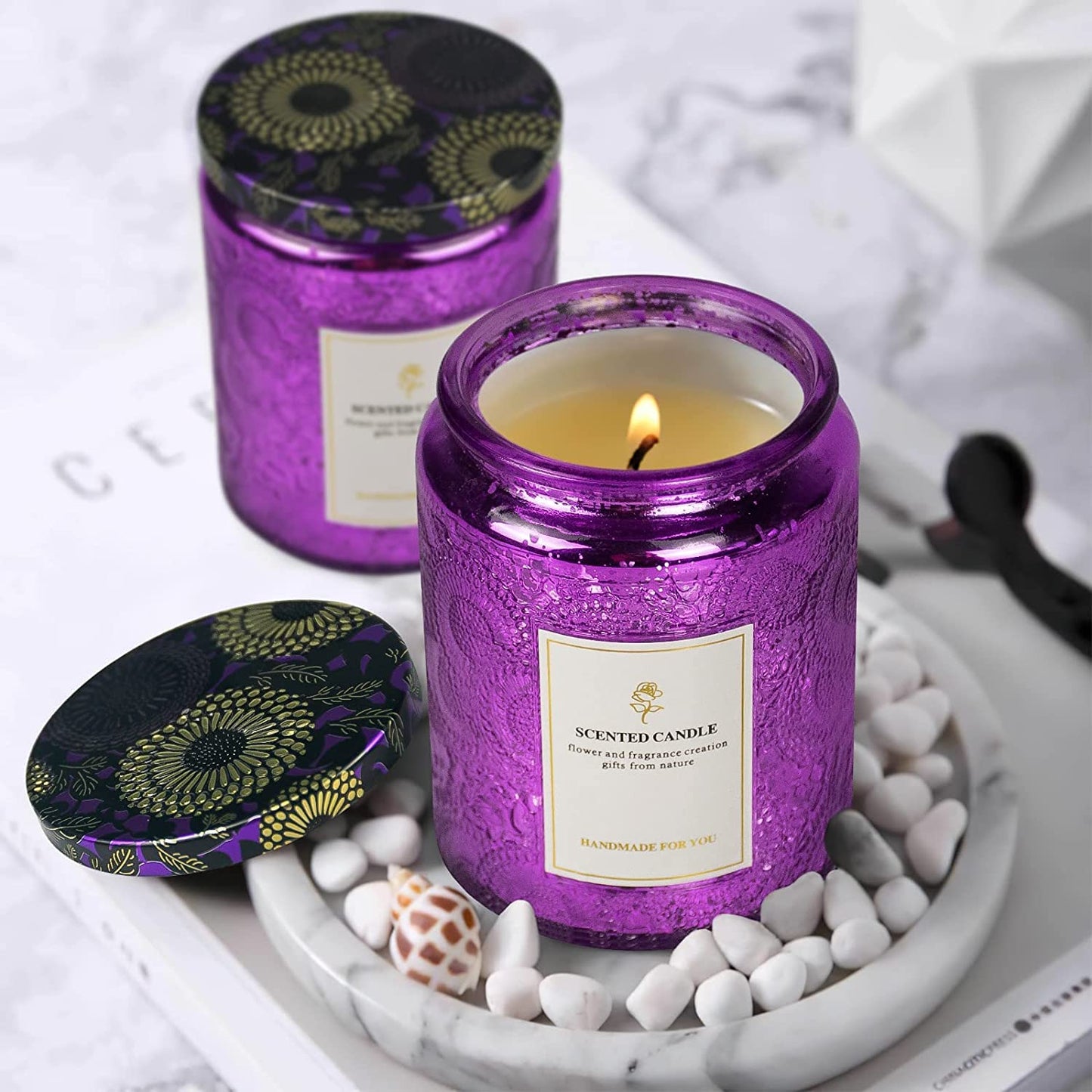 8.8oz Embossed Blinking Glass Candle with Mystery Crystal (Rose)