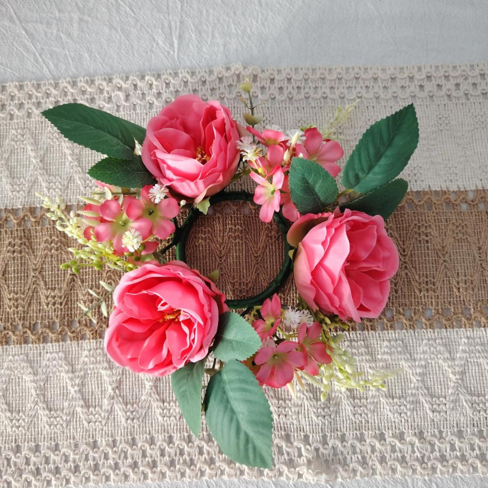Set of 4 Artificial Rose Daisy Flowers Candle Rings Wreaths 3 Inch Center Green Eucalyptus 8" Floral Small Wreath for Pillars Spring Easter Wedding Party Home All Season Decor (Pink C)
