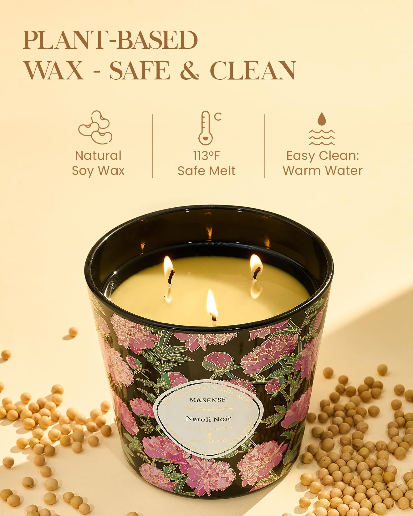 M&SENSE Neroli Noir Scented Candle, 28.2oz 3 Wick Natural Soy Wax Large Candles, Long Lasting Clean Slow Burning No Toxic Décor for Home Relaxation, Romantic Dates & Gift-Giving