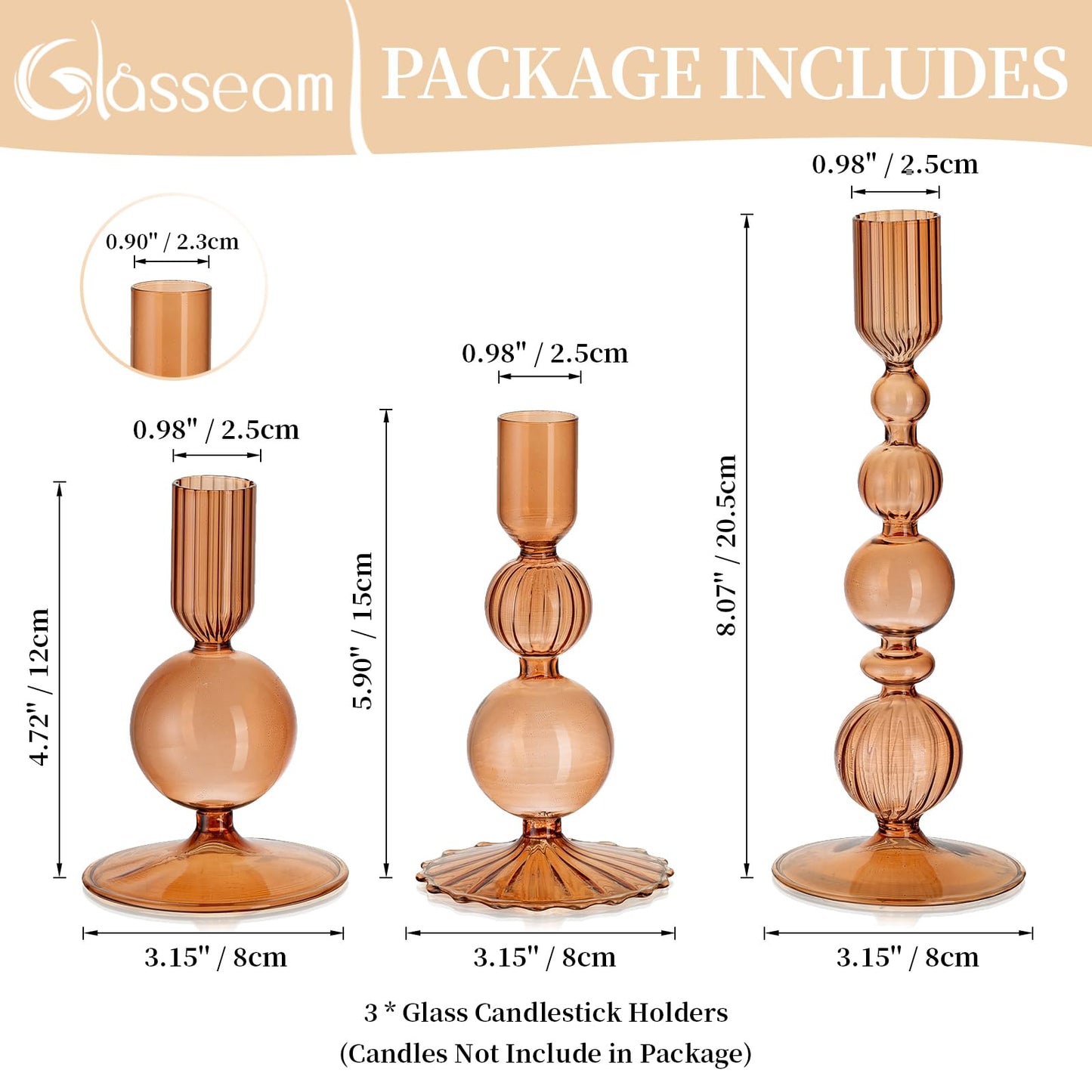 Glasseam Candle Sticks Holder Decor: Amber Glass Candle Holders Set of 3 Modern CandleHolders for Taper Candlesticks Unique Fall Candle Holders for Halloween Centerpiece Table Decor Thanksgiving