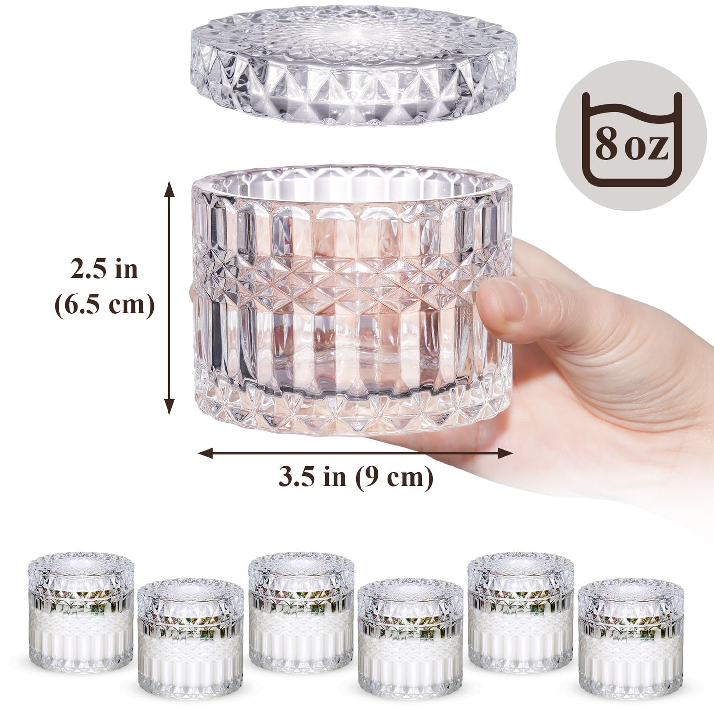 NiHome 8OZ Glass Candle Jar with Lid 6PCS, Multi-Purpose Storage Unique Embossed Design for Home Decor, Storage & Special Occasions, Premium Quality Heat-Resistant & Aroma Preserving for Candle Making