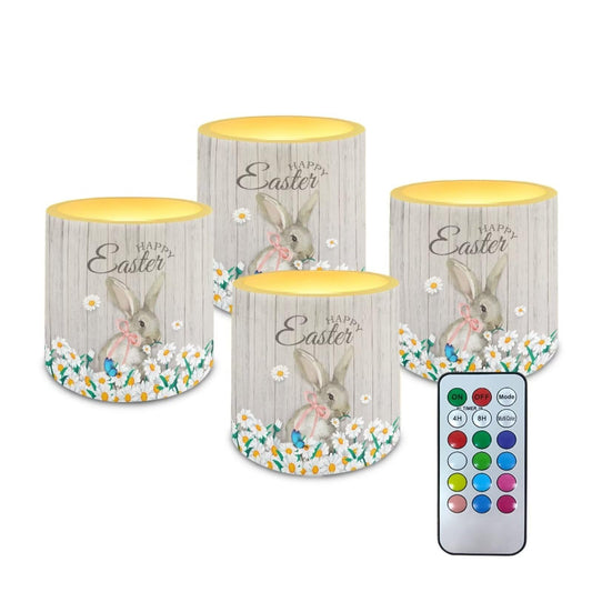 Merkmak Daisy Bunny Flameless Candles with Remote and Timer Battery Operated Flameless LED Pillar Candles for Indoor Outdoor Home Decoration Happy Easter Day Tealights