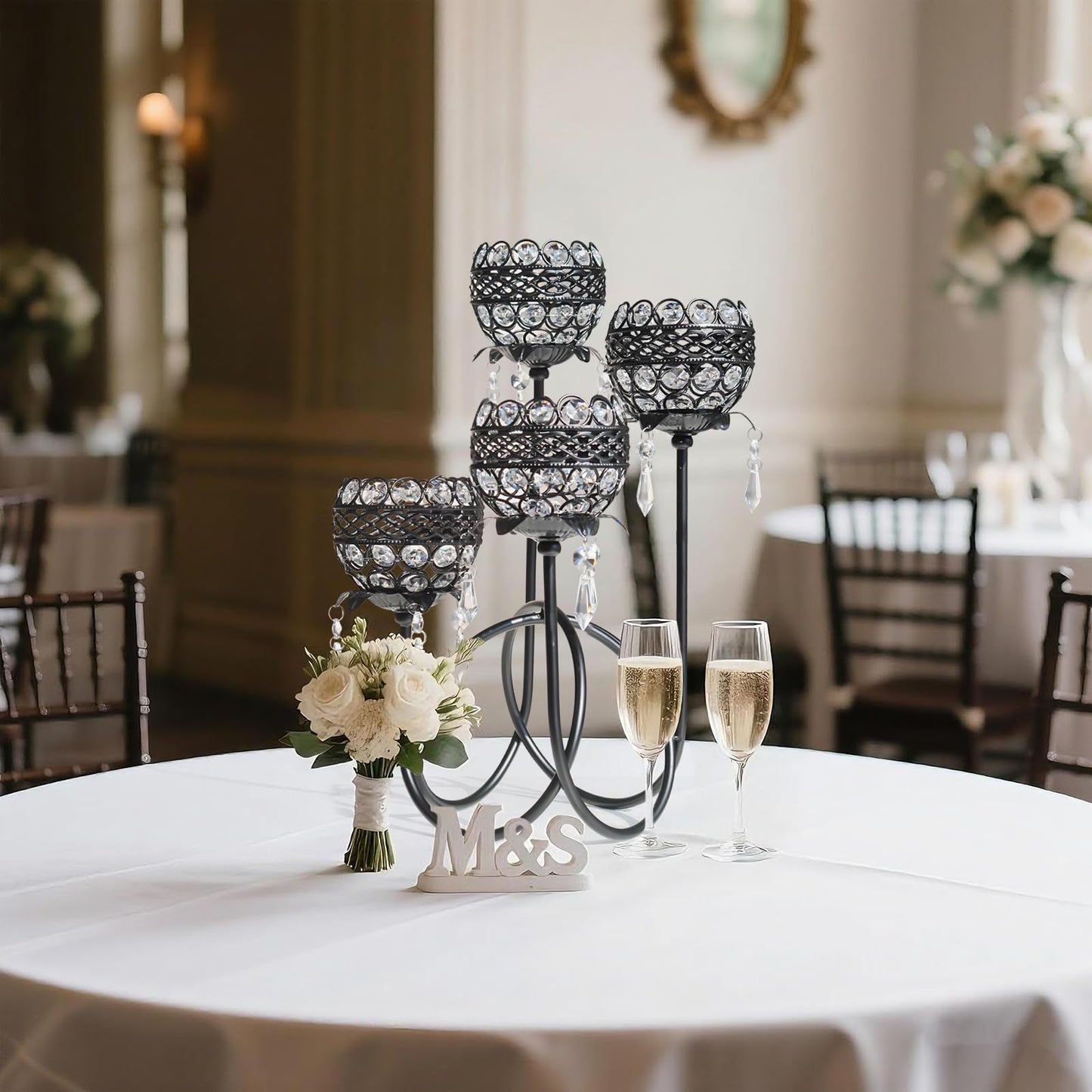 4 Arms Crystal Candelabra Tealight Holder - Tall 15.7 Inch Elegant Centerpiece with Crystal Pendant Bowls & Artistic Metal Stand for Wedding, Dining Table, Home Decor (2, Black)