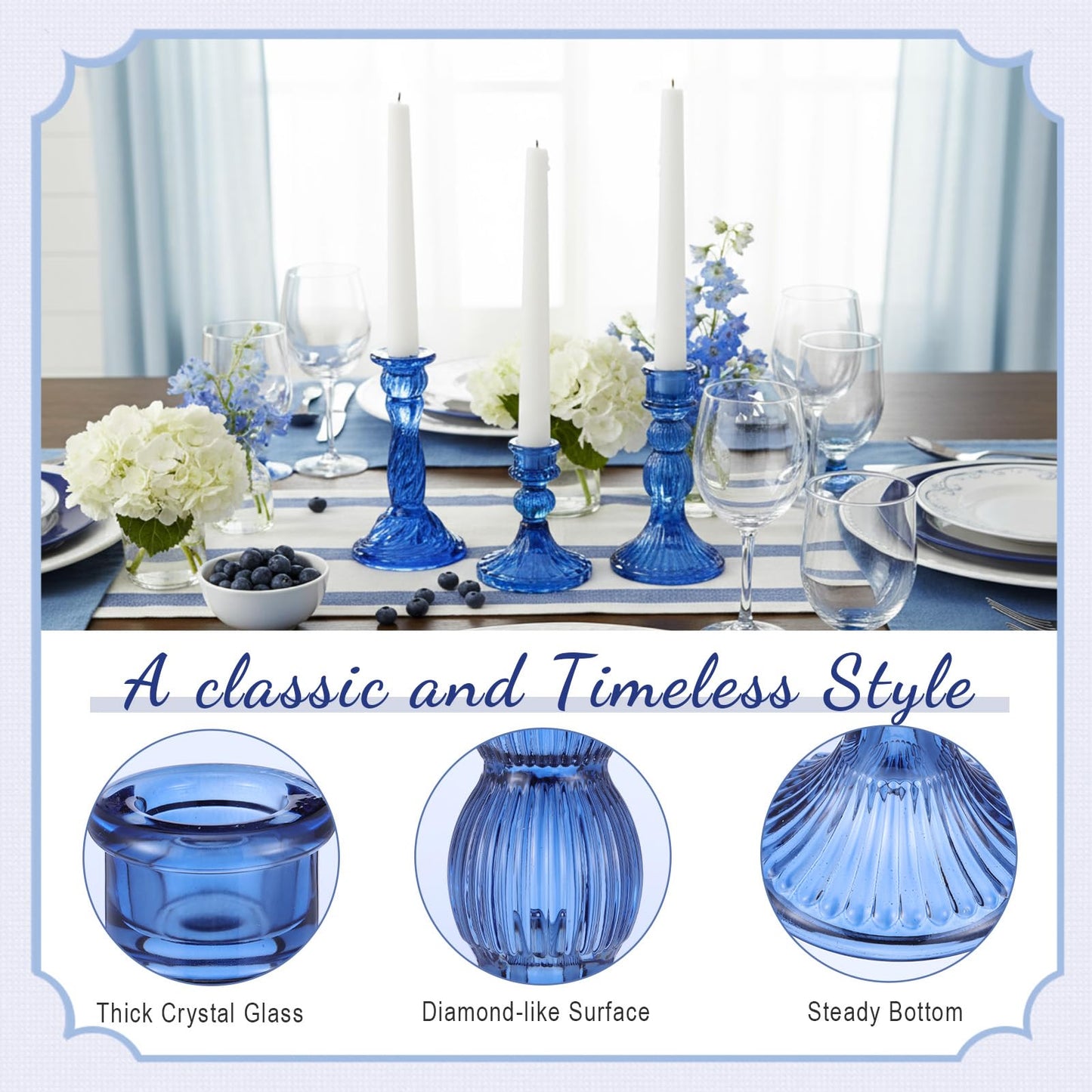Mumufy 10 Pcs Glass Crystal Taper Candle Holders Clear Glass Candlestick Holder Fit 0.8 Inch Candles Crystal Decorative Candle Stand Centerpiece Table Wedding Dining Party (Classic,Blue)