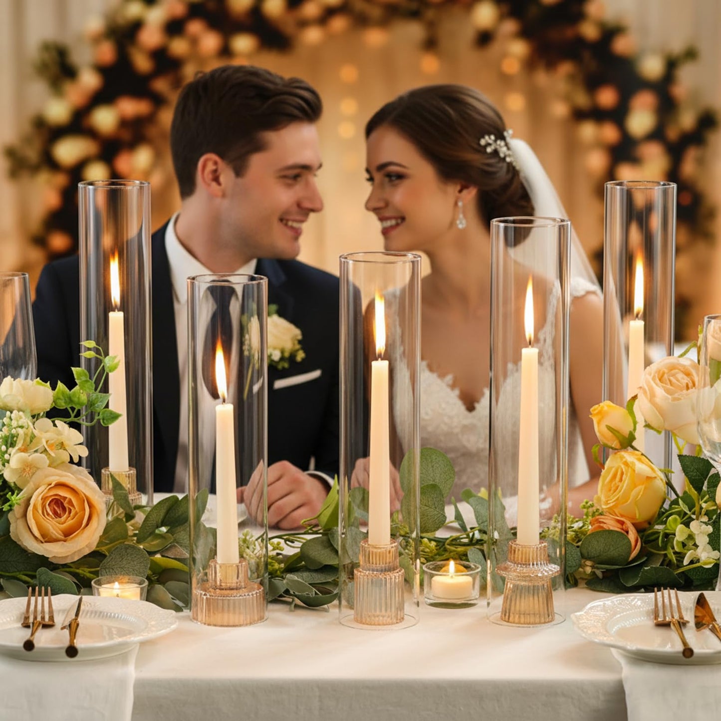 NITIME 9 Set Hurricane Glass Candle Holders for Table Centerpieces, Gold Candlestick Holders with Windproof Cylinder Covers(11.8"/12.6"/13.8" H), Taper Candle Holders for Wedding, Party and Home Decor