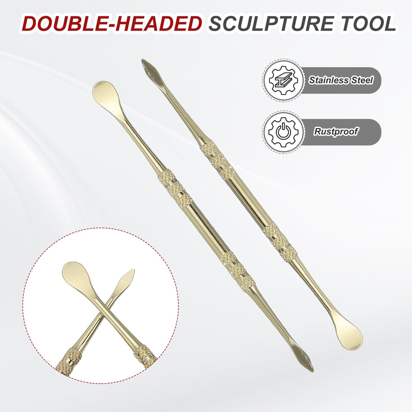 HARFINGTON 11pcs Wax Carving Tool 4.75" Double-Headed Stainless Steel Sculpture Tools Kit Modeling Engraving Sculpting Spoons for Clay Pottery Crafts Shaping, Gold Plated