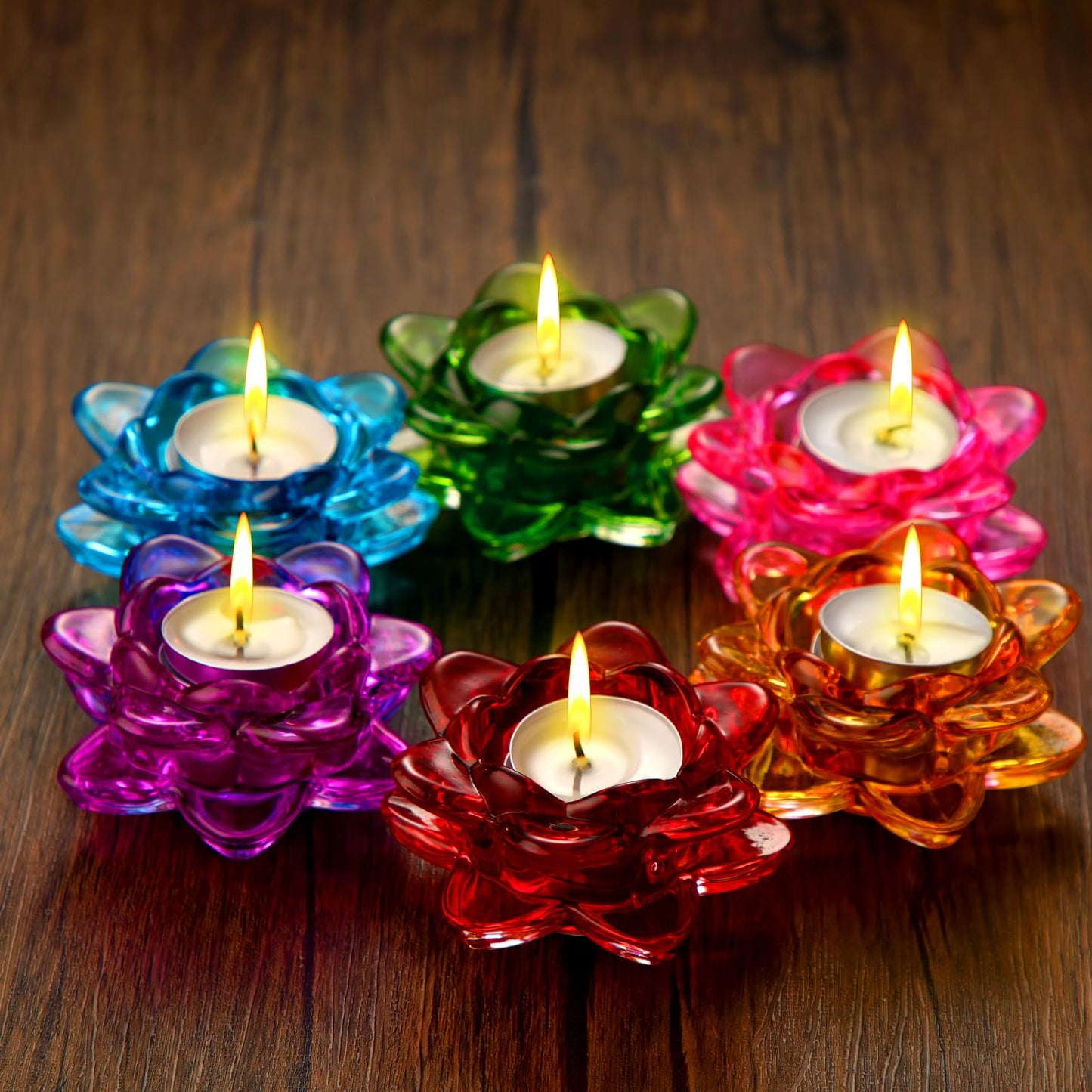 Dandat 6 Pcs Glass Lotus Tea Light Holder Diwali Lotus Candle Holder Crystal Tealight Candle Stand for Diwali Decor Table Centerpiece